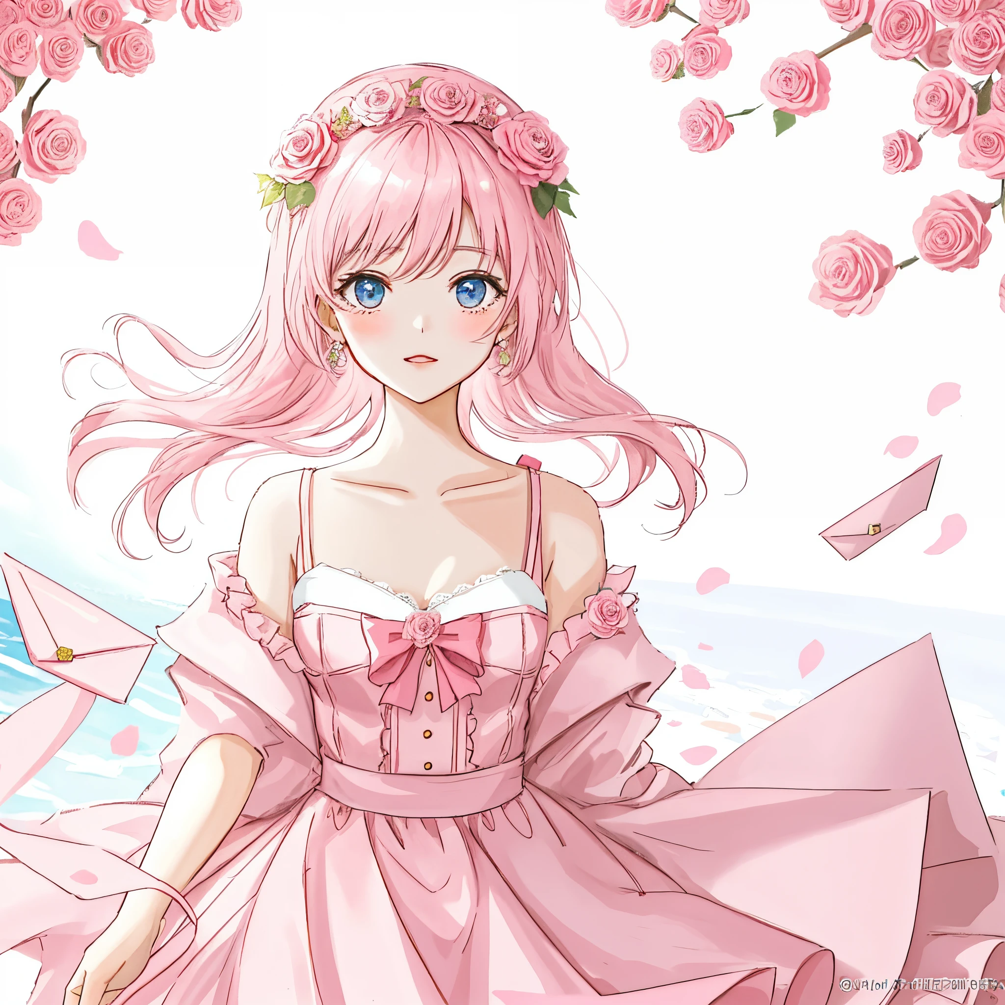 There is an envelope,half open envelope,pretty pink,There are photos of roses and heroines