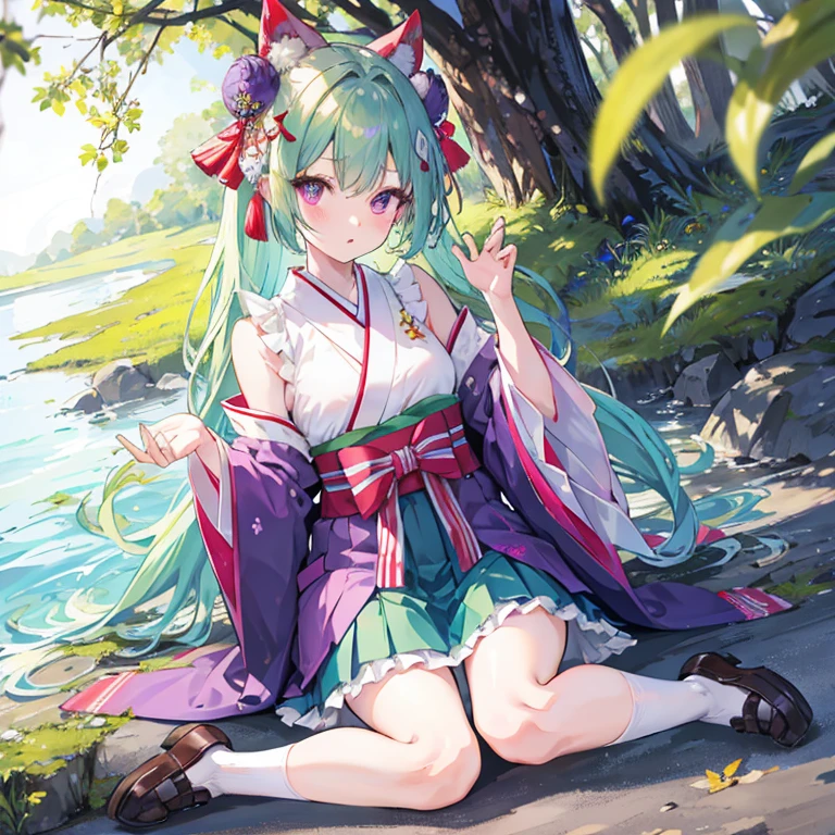 Top image quality， 1girl, solo, long_hair, looking_at_viewer, blush, bangs, skirt, hair_ornament, long_sleeves, bow, hair_between_eyes, bare_shoulders, sitting, very_long_hair, purple_eyes, flower, hair_bow, pleated_skirt, frills, parted_lips, outdoors, japanese_clothes, green_hair, shoes, day, sleeveless, socks, miniskirt, wide_sleeves, kimono, off_shoulder, :o, two_side_up, tree, blue_skirt, sleeves_past_wrists, kneehighs, sash, hands_up, wariza, obi, brown_footwear, sunlight, grass, white_socks, loafers, ribbon_trim, ribbon-trimmed_sleeves, purple_skirt, purple_bow, star_hair_ornament, red_kimono, short_kimono, ribbon-trimmed_legwear, sleeveless_kimono, pinching_sleeves