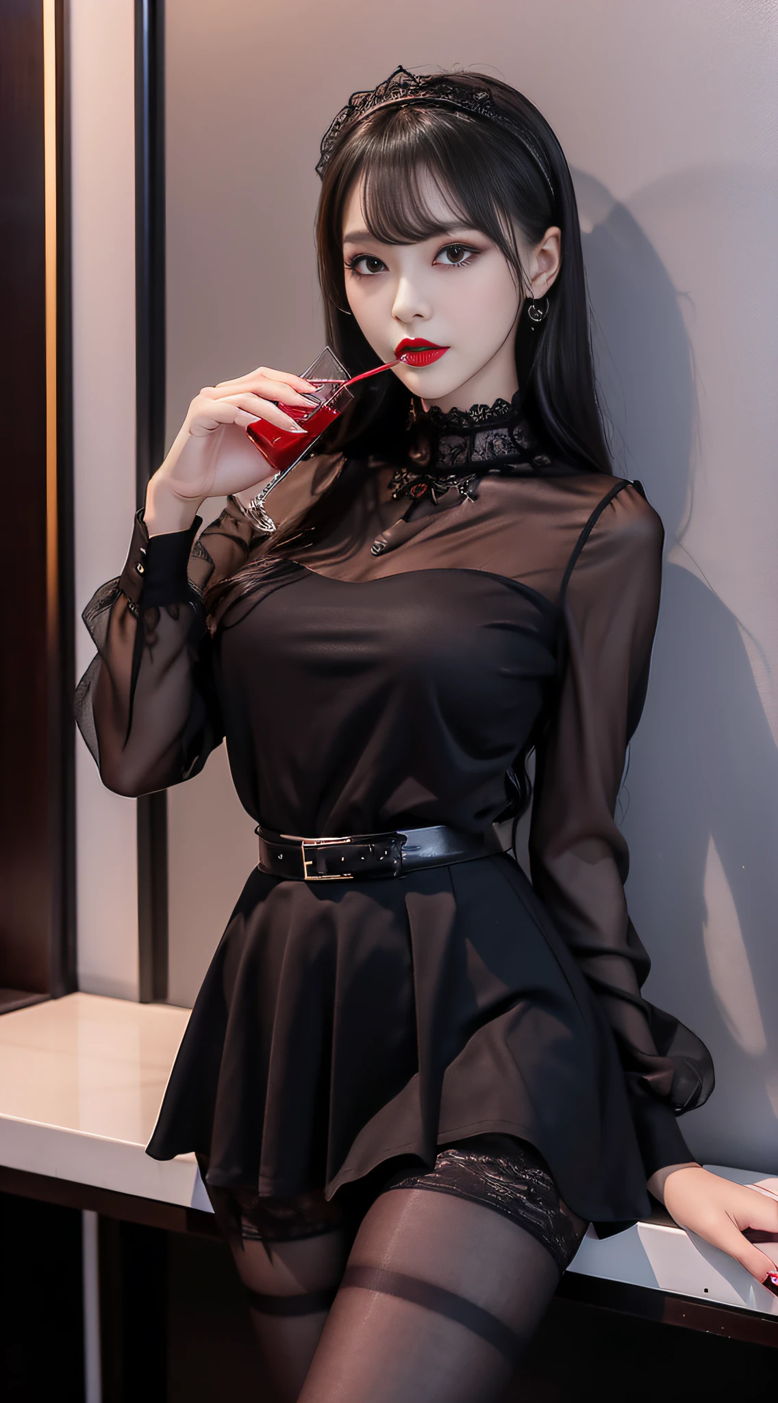LTRA Details、Fascinating beauty、Dainty woman、Cool Girl、Wavy Hair、Black chiffon dress、Wide sleeves、flered skirt、Black pantyhose、Evil Female Executive、Evil Fall、brainwash、lacy fabric、Glossy legs、black lipstick、Evil look、Suspicious look、Hollow eyes、wicked、Reaching out、Arms up、at that factory