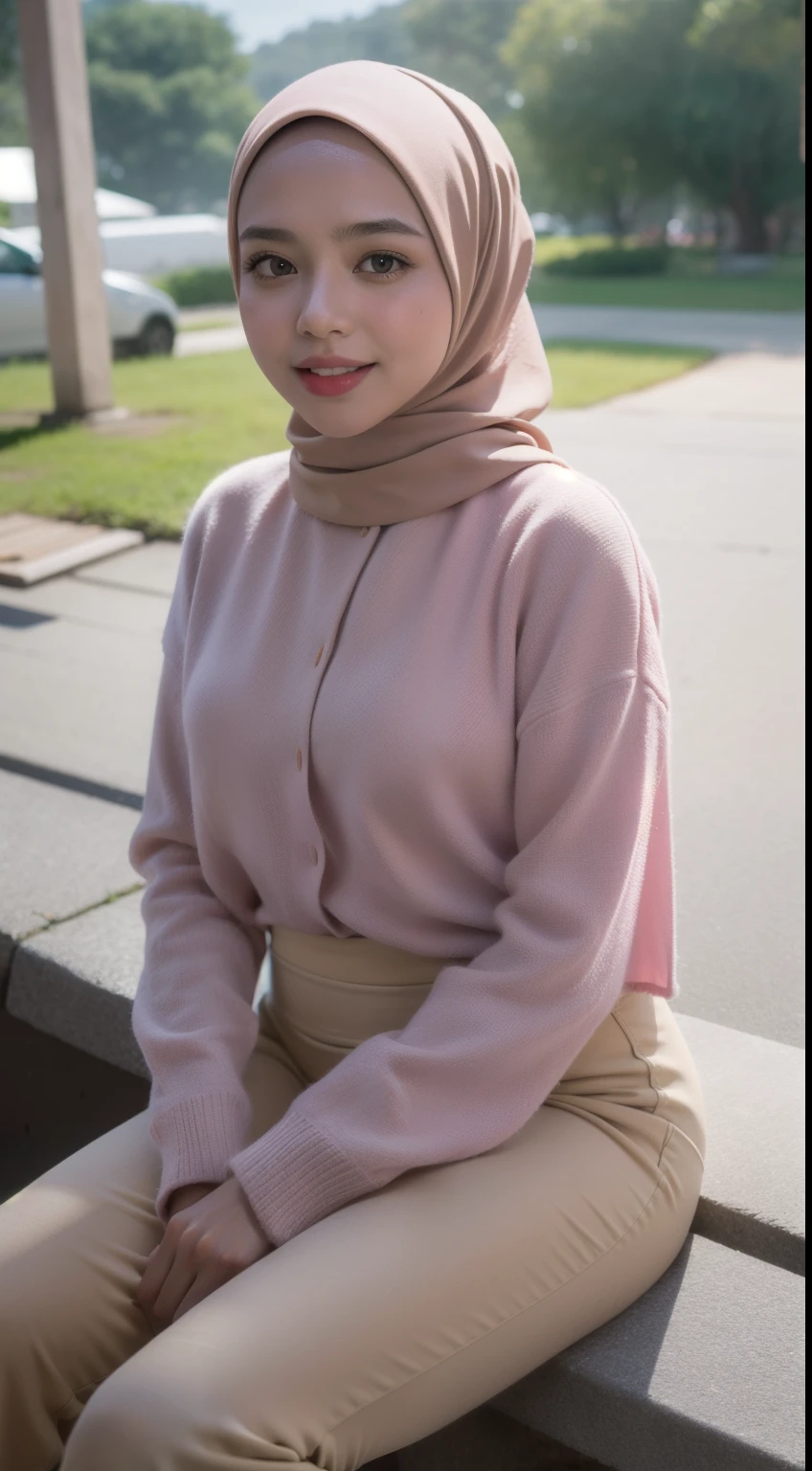 Malay girl in hijab wear big oversized loose blouse and high waist loose cotton pants, pastel color, seating, wear back pack, front view, detail skin, detail skin texture, mole below eyes, small breast, big hip, big waist, big thigh, slim abs, beautiful body, evening, laughing, happy, bright lighting, blur background, bokeh,Super 8mm lense, Extreme close-up, deep focus cinematography effect, Natural Lighting, pastel color grading, high quality, ultra detail, 8k resolution