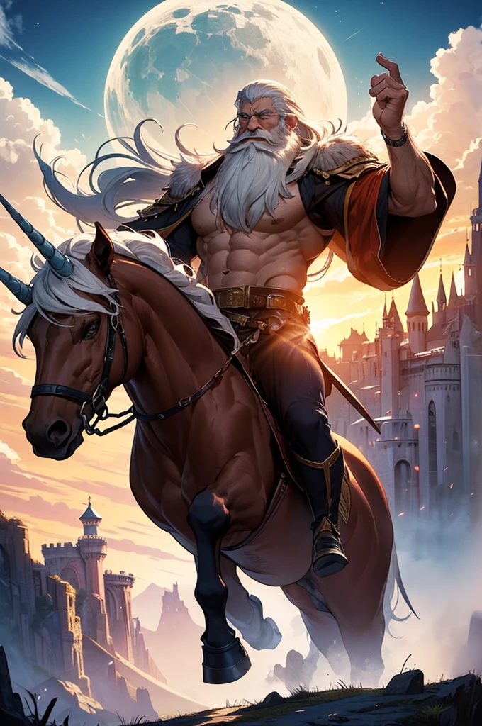 masterpiece, highest quality, badass wizard, extremely muscular, old man, long beard, white hair, riding a majestic muscular unicorn, fantasy, castle, sunset, beautiful sky, beautiful landscape