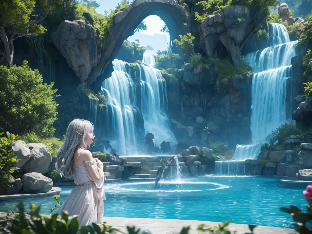 (​masterpiece), realistic, cinematic light,-yeld gi are frolicking under the fountain, full body, from below and side, beautiful eyes, silver hair, perfect anatomy, very cute, (blue eyes), bio luminescent, 8 class large, 8K, human hands, character sheets, concept-art, smooth and detailed hairstyle, Fractal art, splash, eyes shed tears while holding back the pain, open mouth and stick your tongue out,