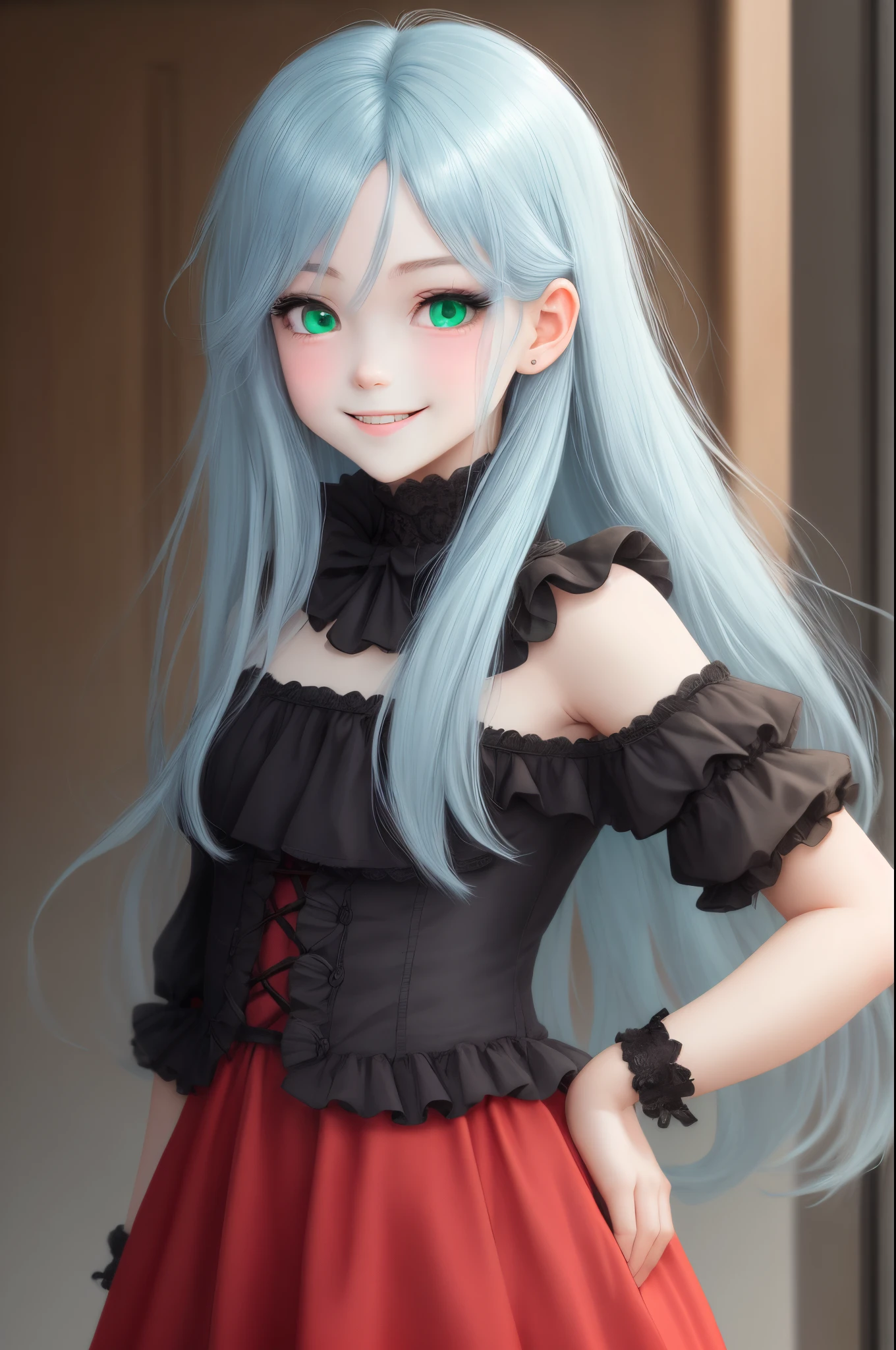 estilo manga igual tolyo ghoul :re, garoto alto, atletico, straight hair down to the eyes, Hairstyle back, cor do cabelo branco, porte atletico, usando um sobretudo preto, olho esquerdo de iris cinza escura, olho direito de iris vermelha, expression would be next to a young girl with a smiling expression, with long, messy emerald hair and emerald eyes