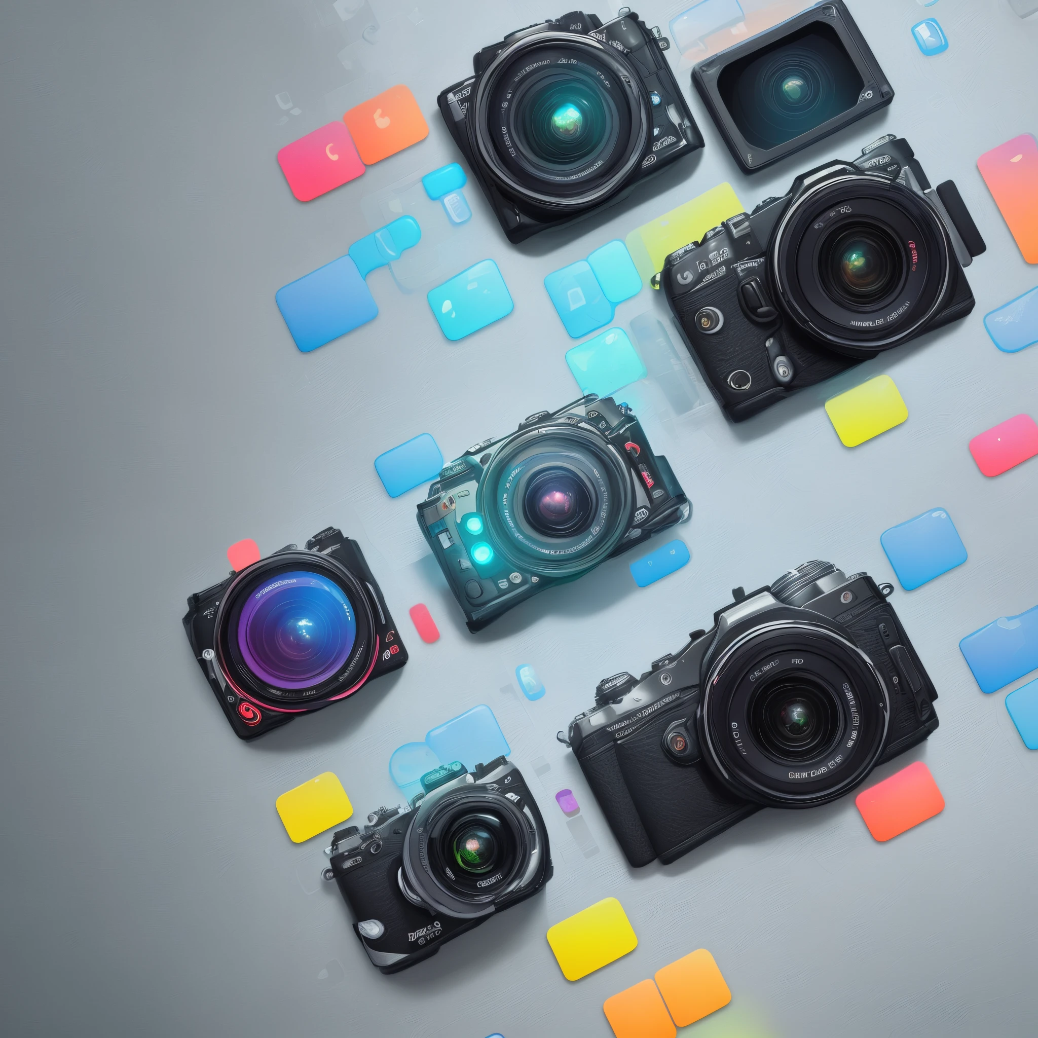 Matching with bright color gradients,Improve overall sense of activity,Divide icons into two levels or even more at the same time,Create interesting overlaps and interactions,Create a camera icon with a translucent glass texture