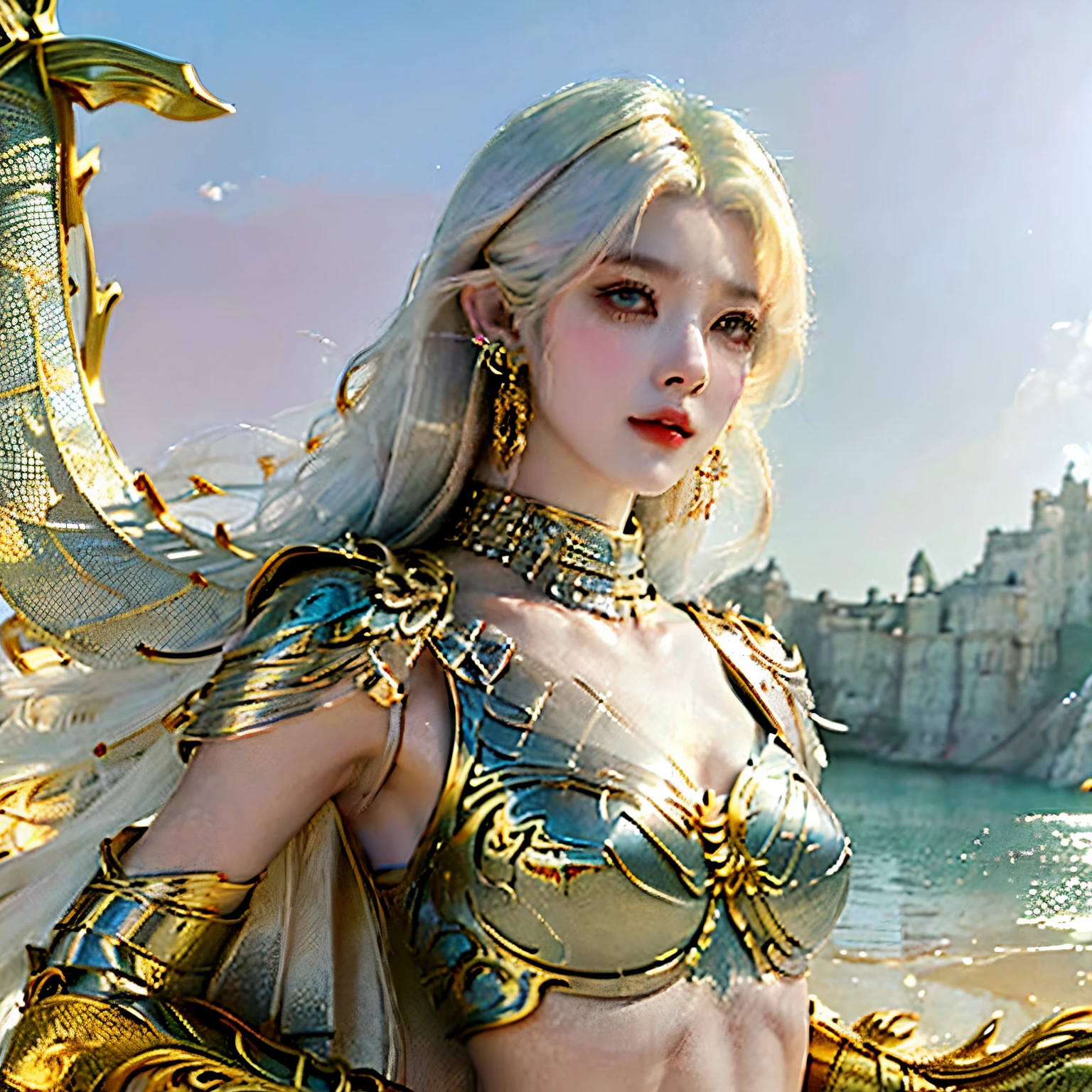 Beautiful woman wearing armor，Bigchest，Naked of breast，Abs，There is a flying dragon around，ear studs, Premium, Feminine, 8K, tmasterpiece, Best quality at best, Excellent details) , (high saturated, The best shadow, The best light, Extremely delicate bleaching)