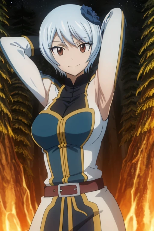 masterpiece, absurdres , (intricate details), (colorful),cinematic lighting,bust shot,extremely detailed CG unity 8k wallpaper, yukinoagria, belt, uniform, smile, looking at viewer, black gloves, forest, dark sky, {arms behind head}, contrapposto, spread armpit, nervous smile,