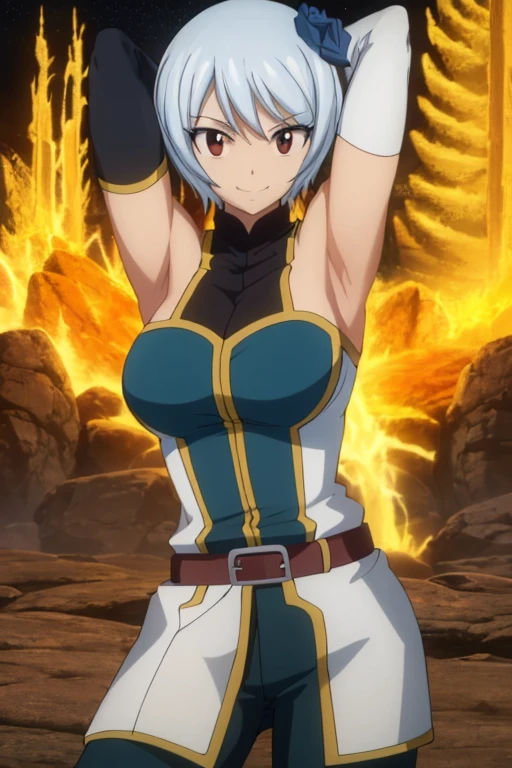masterpiece, absurdres , (intricate details), (colorful),cinematic lighting,bust shot,extremely detailed CG unity 8k wallpaper, yukinoagria, belt, uniform, smile, looking at viewer, black gloves, forest, dark sky, {arms behind head}, contrapposto, spread armpit, nervous smile,