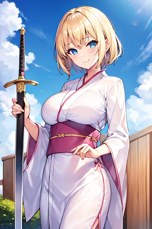 "Short-haired blonde woman in a yellow kimono holding a sheathed sword, pupilless eyes staring bravely forward on a sighing ground, displaying thick thighs and breasts, with a calm lake bottom." --auto