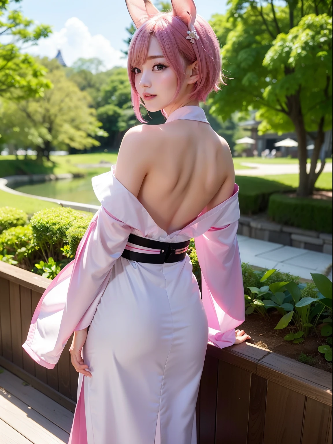 ((best quality)), ((masterpiece)), (detailed), perfect face, Perfect body, perfect anatomy, 1 girl, sakura haruno, pink hair, green eyes, red clothe, sakura ass, sexy pose, naked ass, bottom, full body, realistic, high detail, high quality image, 8k