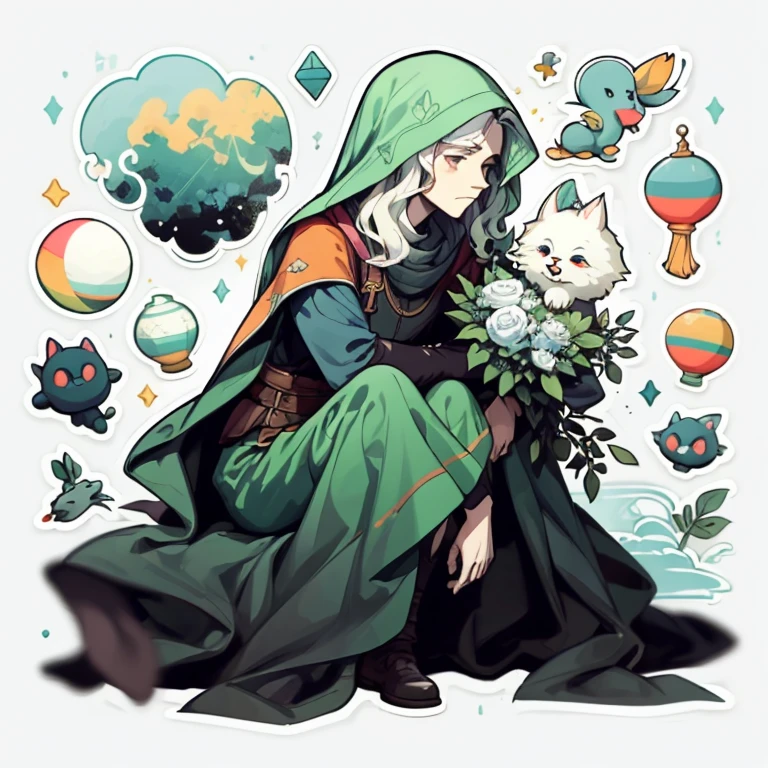 1 sticker, handbook, (Sticker, 1 boy, Medieval heavy dress, luna. veil, bouquet, Separating elements), watercolour, whitebackground, Simple background, minimal, Cute, tiny, Color: pastel colours, vector style, No gradient, pale skinned man,short wavy hair, Druid, half-elf ,Green clothes,illustartion,Realistic,Harmonious colours,natural lighting, white colored hair, curly hair