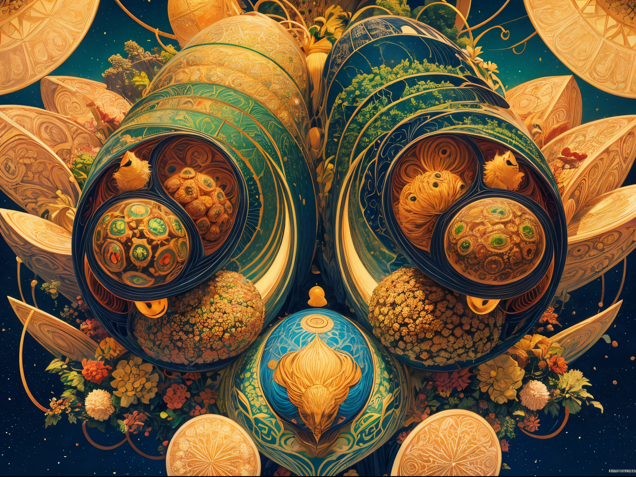 Picture a humorous scene where nuts engage in comical activities within a surreal fractal landscape. Combine playful humor with intricate fractal patterns.