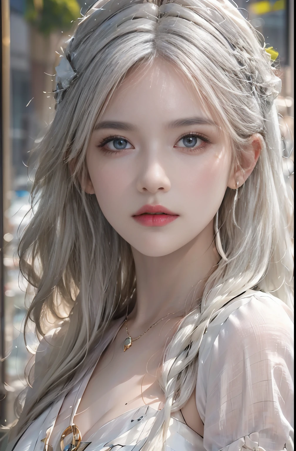 (best quality,highres:1.2),ultra-detailed,photorealistic:1.37,solo female viewing a viewer,(beautiful detailed face),white hair,goddess-like attire,facing front