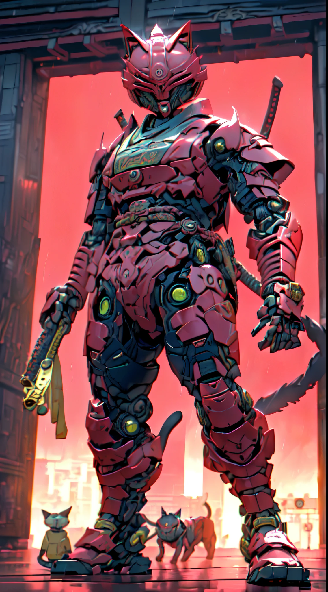 Solo Guro:1.4 gatos_Guerrero_samurais, animal_mecha (((gato_robotic_ciborgsizado_samurais:1.3))) gato_Ciberespacio_samurais , torn samurai suit , robotic samurai suit red color human form,samurais_ciborg_gato:1.3)) ((hiper realista hiper:1.3 componentes detallados:1.2)) ((HITECH1 visible robotic parts.3)) (biocybernetic biomecha) (biorobotic_gato) necrotic skin lesion ((ciborg_gato)) cat head fangs robotic feline cat bleeding wounds hydraulic hose connections (((anthropomorficfic)) pararse Pararse sobre dos piernas, (((Armadura Samurai Roja:1.3))) ((human size character)), , Japan, noche, Lightning and rain, ((al lado del templo zen)) samurais _puk ((red samurai robotic armor)bre dos piernas) Rainy Days Cyberpunk Future War Apocalypse Outside Japanese Castle VFX CGI Digital Illustration, fuentes digitales Fondo de pantalla Media 16k