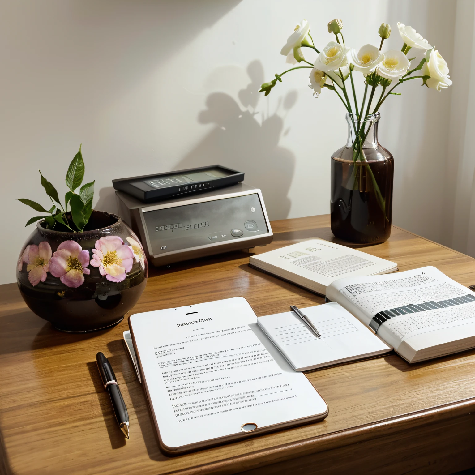 zoom at a comprehensive financial plan book and a testament will on table with calculator, open ipad, a little vase of flower on the table in modern office