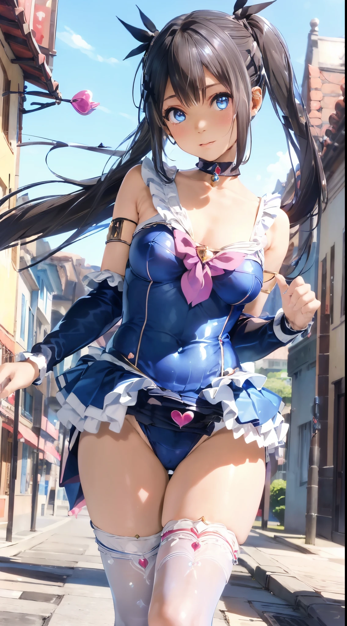 1womanl,Black hair,12year old ,((Impatient expression)),Beautiful breasts,(((Sexy magical girl white and blue high-leg bodysuit)))(())(((Blushing cheeks、Surprised look)),((())),((( portlate))),Blue eyes,(((Bangs are aligned)))()Street,Crowds(magical girl hair ornament)