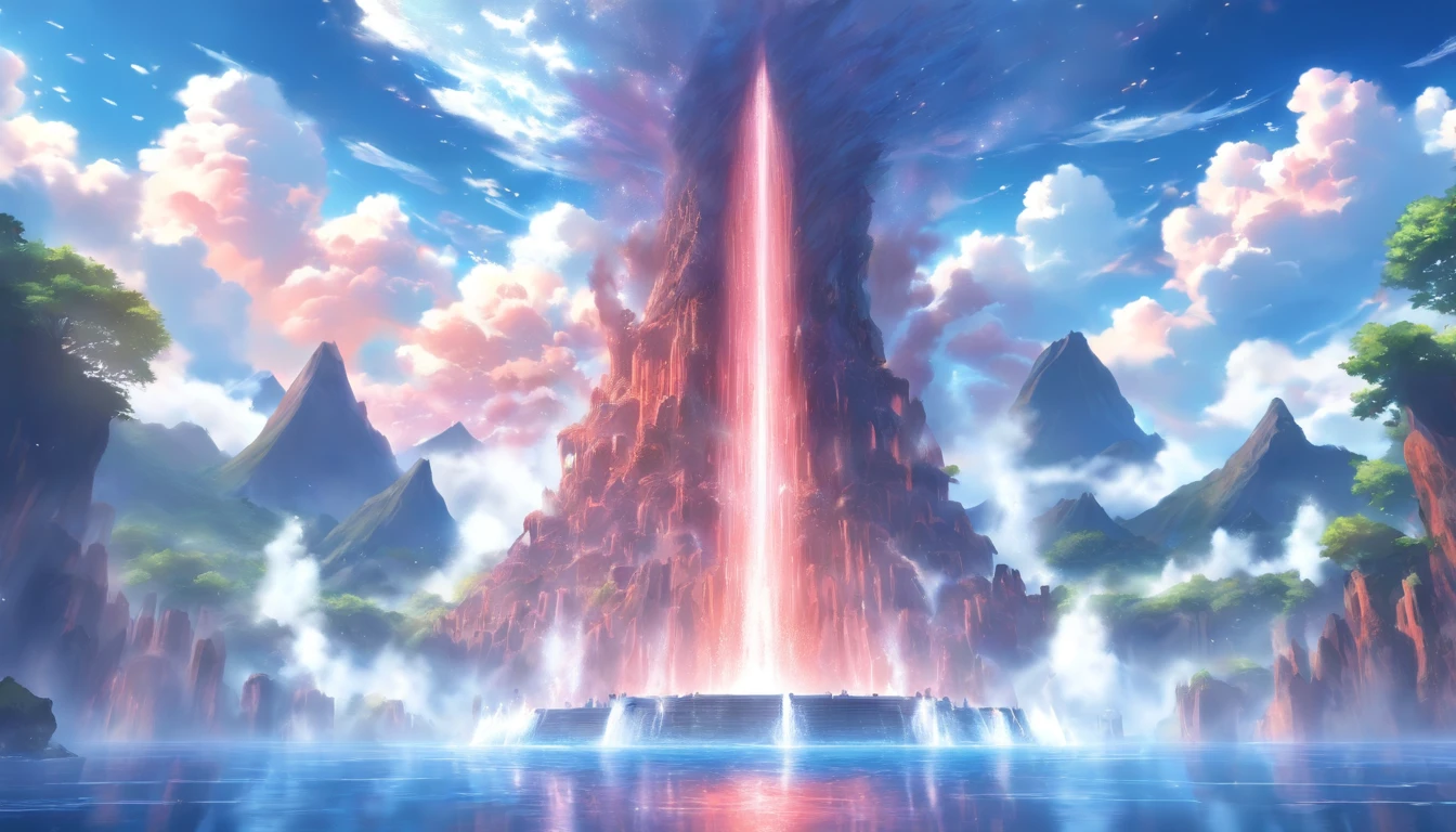 (masterpiece, best quality), a massive water fountain in the middle of a volcanic lake, fantastic architcture, epic, legendary, sky, clouds
