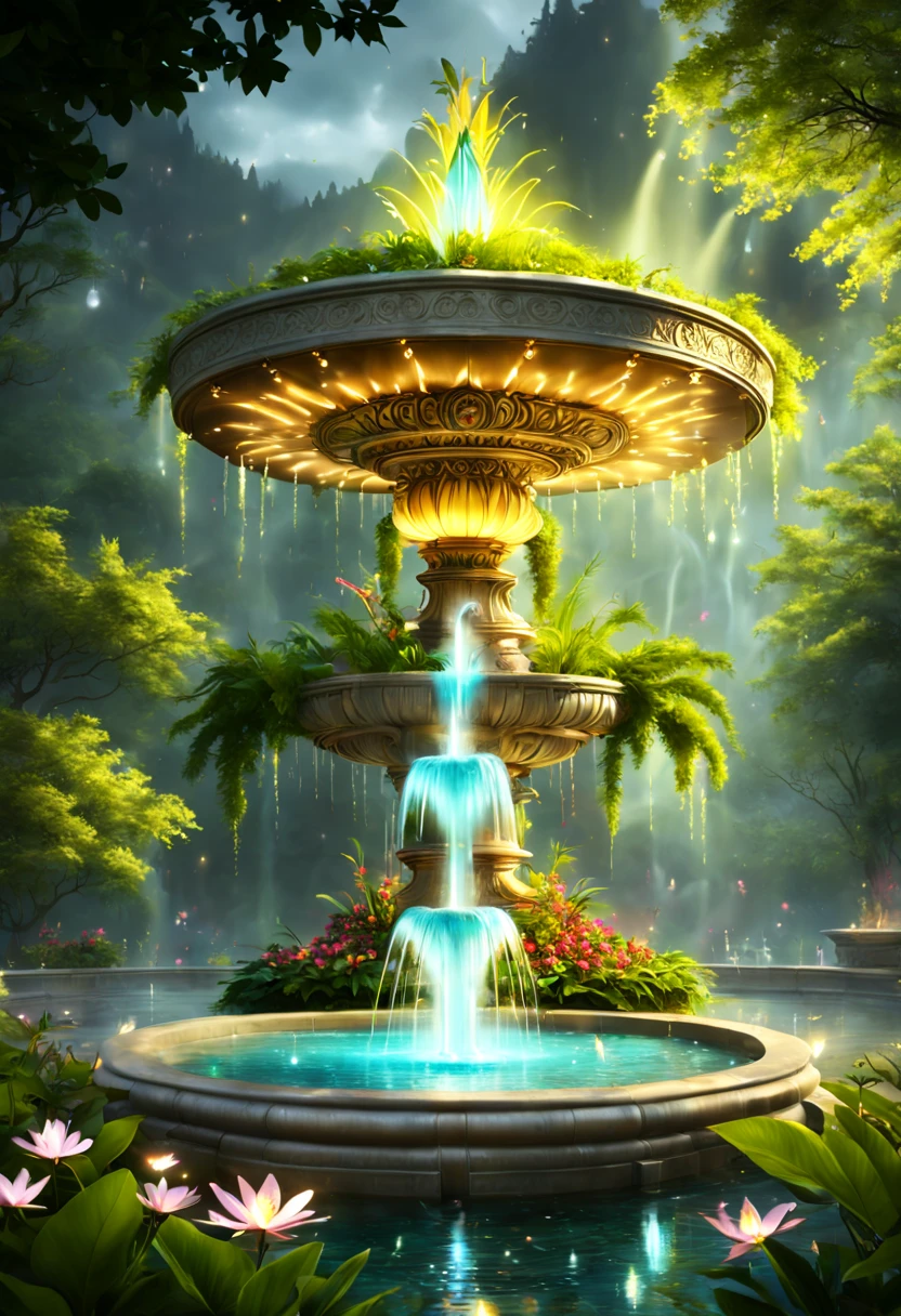 tmasterpiece,best qualtiy,(The is very detailed的 CG unified 8k 壁纸),(best qualtiy),(Most Best Illustration),(best shadow),(a fantastic fountain: 1.8),Glowing insects and glowing fountain,Fountain of eternal water,Natural elements of forest theme。Mysterious forest,(Beautiful fountain spring water in eruption state: 1.5),naturey,surrounded by flower,Delicate leaves and branches are surrounded by fireflies, nature elements,fountain theme,foliage,tree branch,glowworm,particle effect,and other 3D,rendering by octane,Ray traching,超詳細