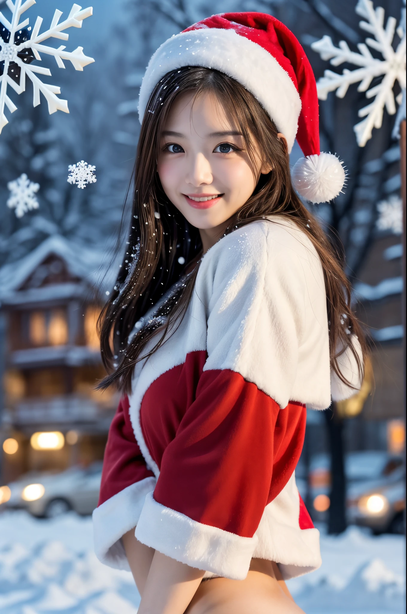 (masutepiece:1.3, Photorealsitic:1.4, 8K), top-quality, ​masterpiece, 超A high resolution, Perfect dynamic composition, Highly detailed skin and facial texture:1.3, A detailed eye, Detailed limbs, Christmas Eve Night, (snowflakes falling:1.4), Illuminations in the snow country:1.2, Street corner at night, 1girl in, Cute sexy 20 year old slim woman, Fair skin, (Snow fell on my body and clothes:1.3), ((A smile:0.9, Totally captivates you:1.0)), (accurate santa claus costume:1.2, Accurate Santa Claus Hats:1.1), ((voluptuous breasts:0.95)), Short boots, (Facing the front), Frolic, (Beautiful blue eyes, Eyes that feel beautiful eros:0.85), Sexy face:0.4, (A mouthfeel that feels beautiful eros:0.85), ((Too cute beauty:0.9))