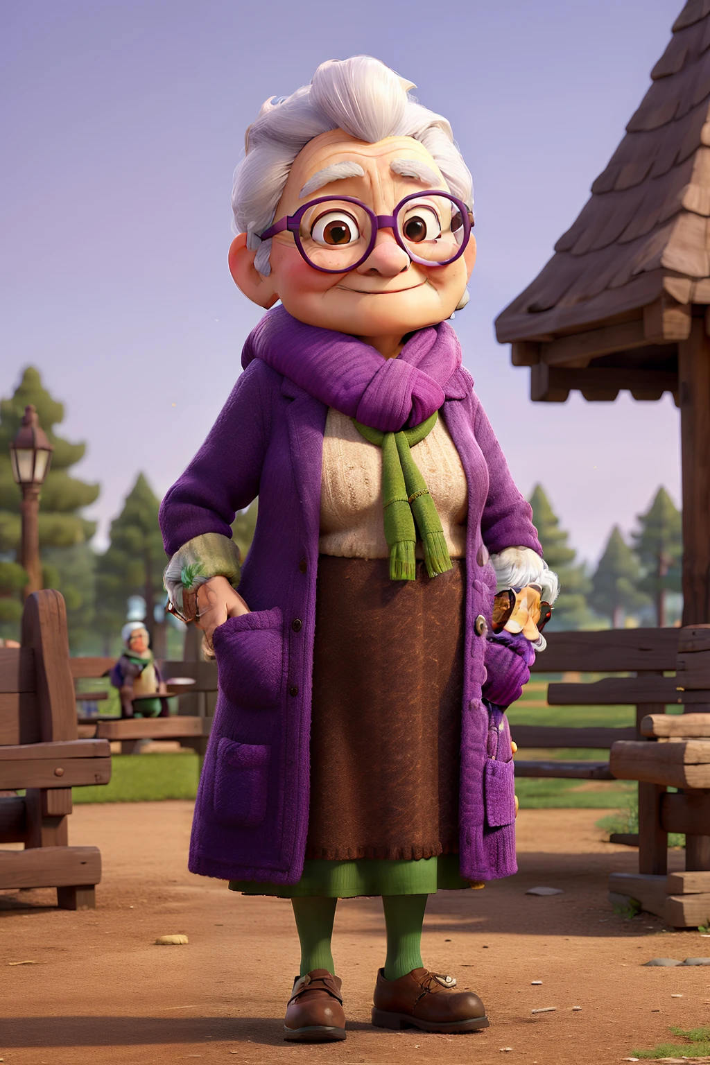 masterpiece, best quality, an old woman with glasses and a scarf on, wearing a purple coat and green scarf, standing at the park