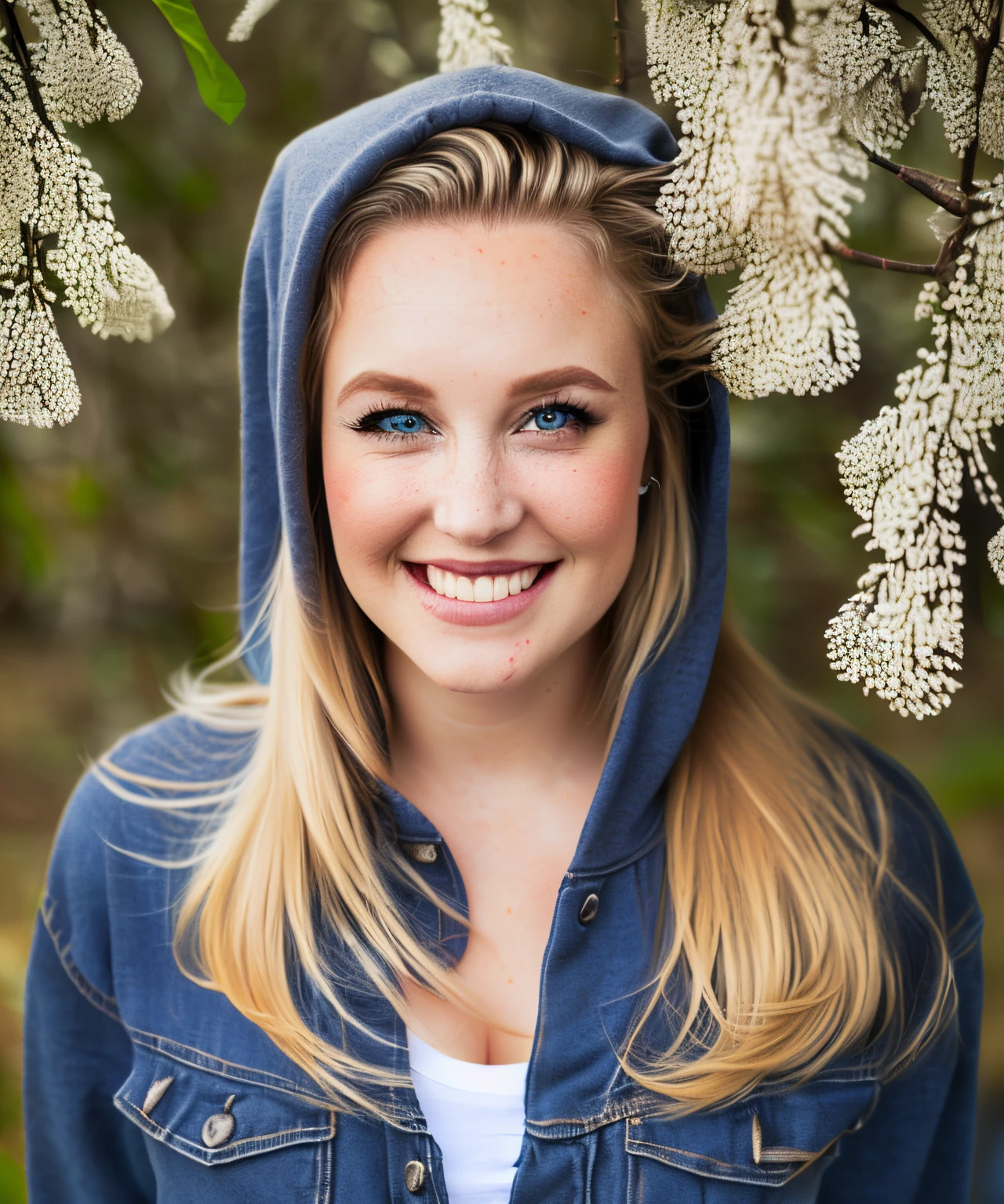 A plus size welsh woman with, dark blue eyes, blonde eyebrows, she has a flat chest, she’s wearing a dark brown ponytail, long oval shaped face, thin lips, laugh lines, blonde eyebrows, wearing a loose fitting light brown Carheart hoodie, and Judy blue jeans. posing in an indica field