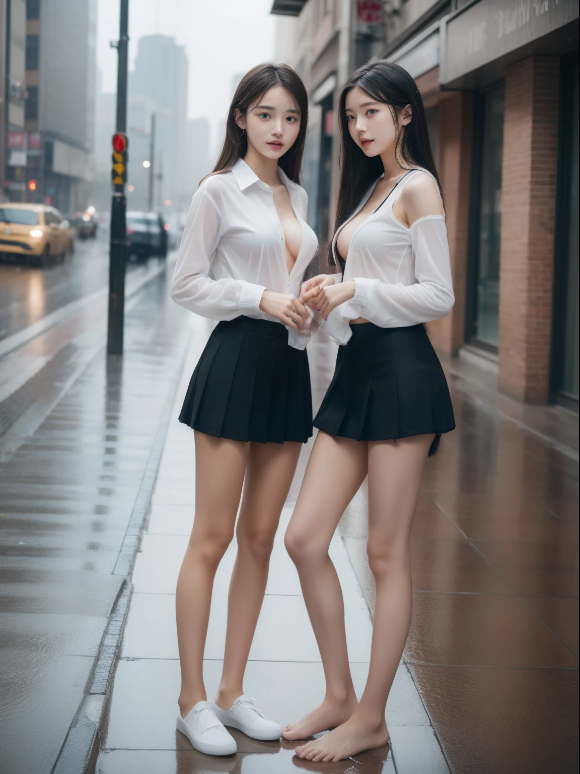 Two beautiful women、18year old 、FULL BODYSHOT、student clothes、a wet body、NSFW、Rainy city、flat breast、Twin-tailed