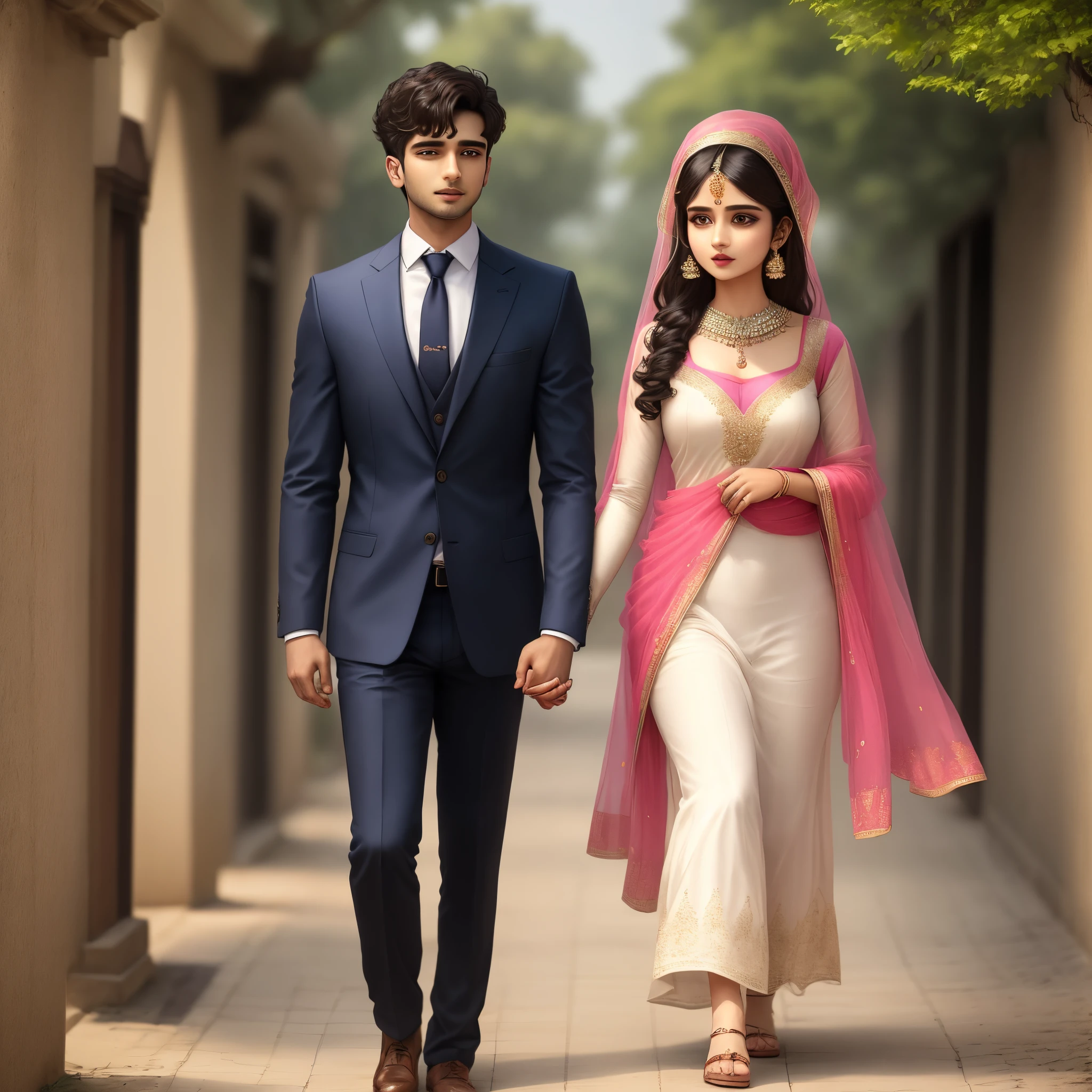 A couple walking hand in hand . Boy wear tubon on there head and girl in suit and with dupatta in there neck.