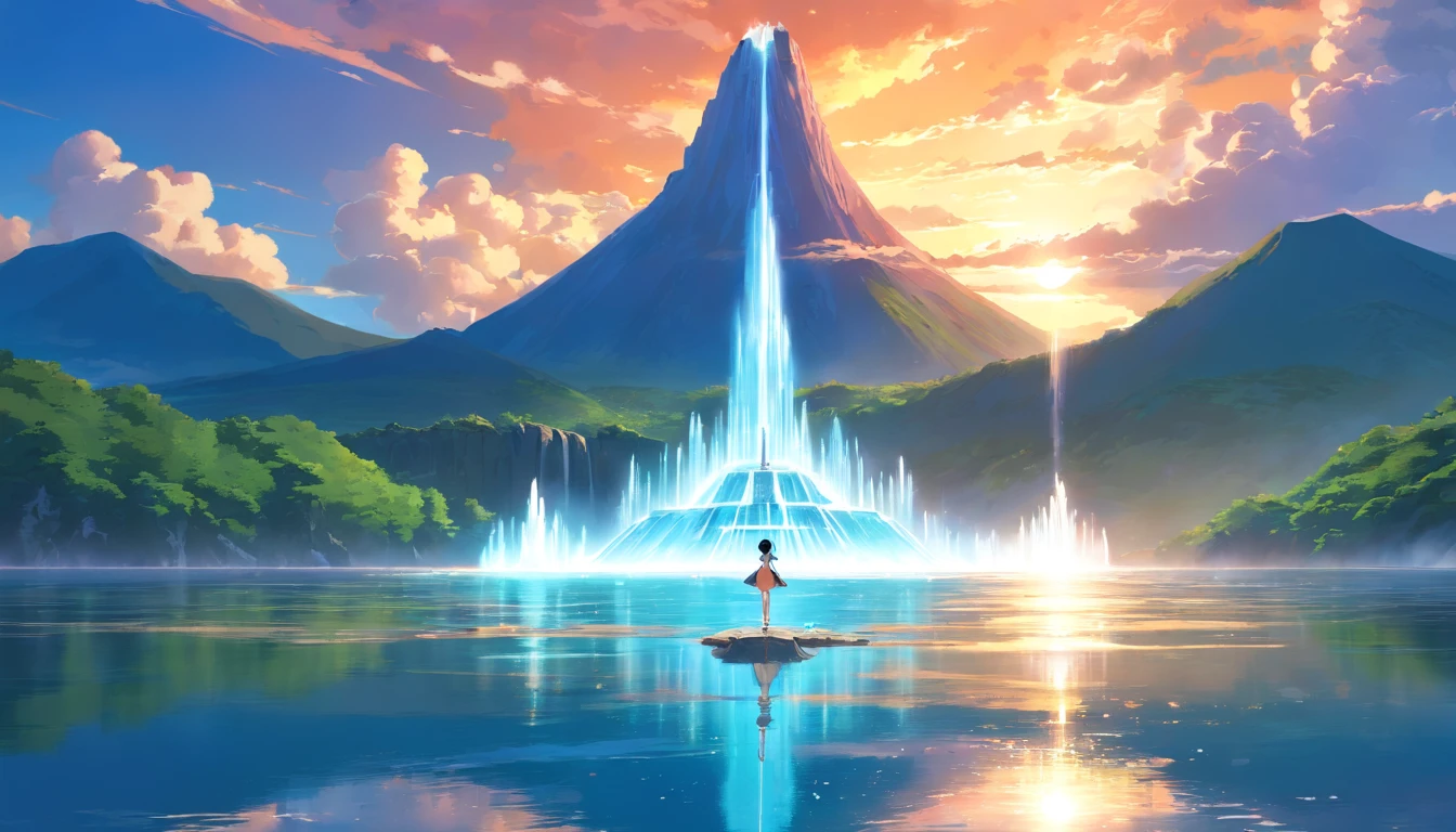 (masterpiece, best quality), a massive water fountain in the middle of a volcanic lake, fantastic architcture, epic, legendary, sky, clouds