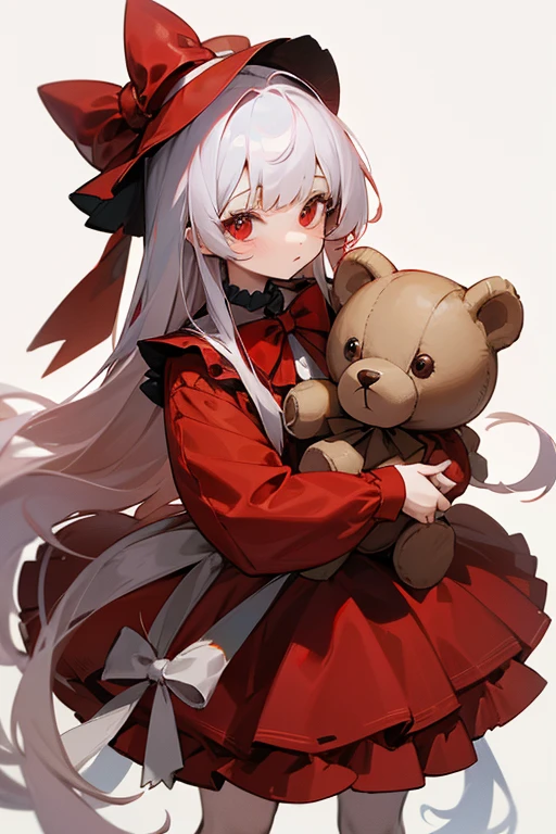 beautiful girl with red dress and white lilly hair carrying teddy bear, 1girl, solo, red bow, white background, stuffed toy, strawberry, fruit, red eyes, simple background, bow, long hair, stuffed animal, looking at viewer, long sleeves, food, teddy bear, holding, hat, bangs