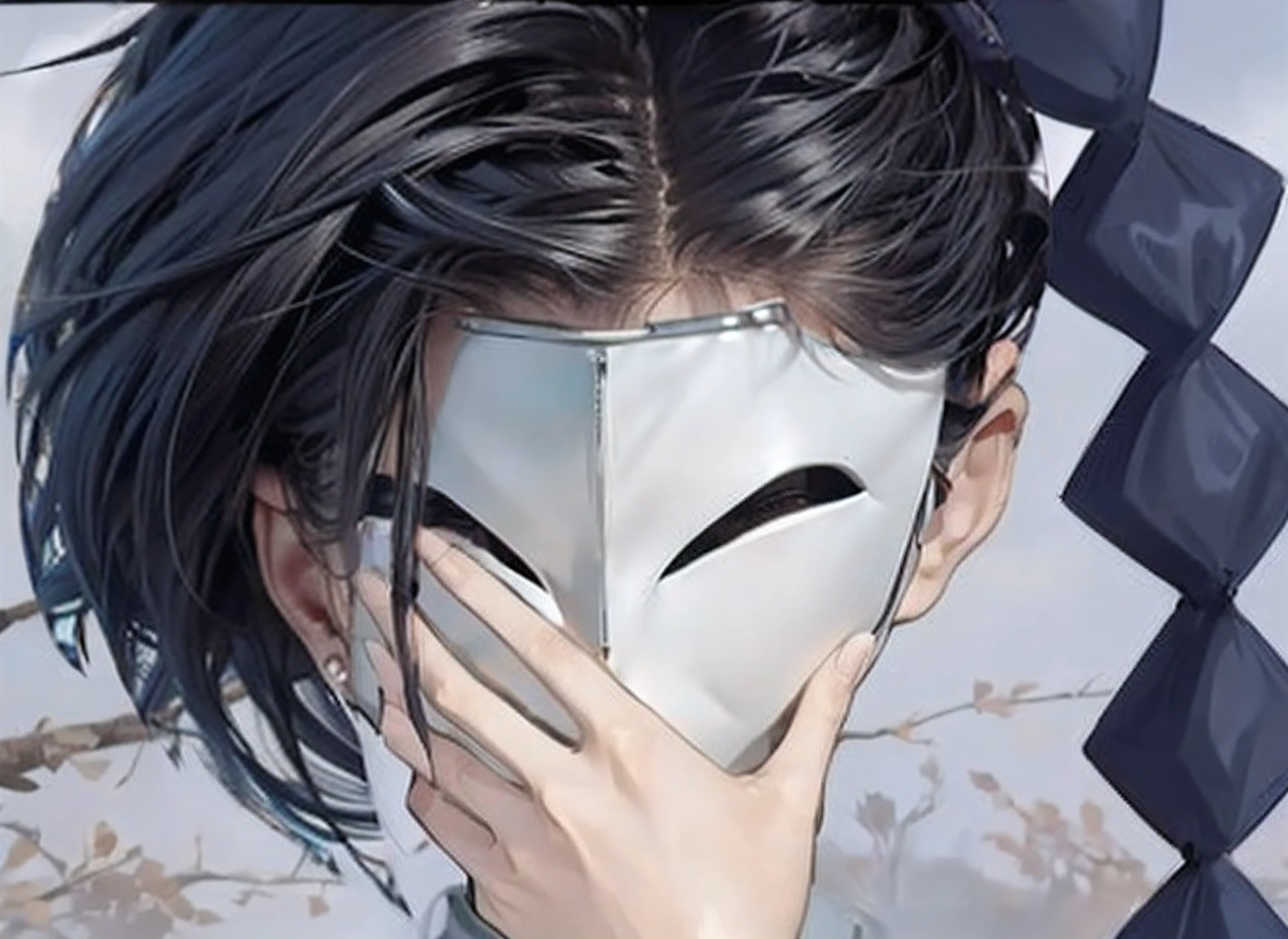 (interprete this as a mask, complete and hide it below the hair bangs)(repeat the image)