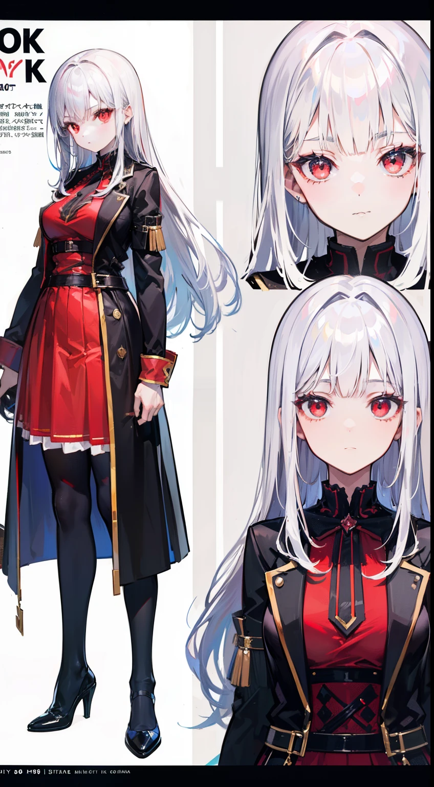 (((8K,top-quality)))1 young girl, character sheets, concept-art, full body Esbian, (masterpiece:1.2), (Top image quality:1.3), 1girl in, is standing, length hair,Diabolical,Silvery hair,Red Eyes
