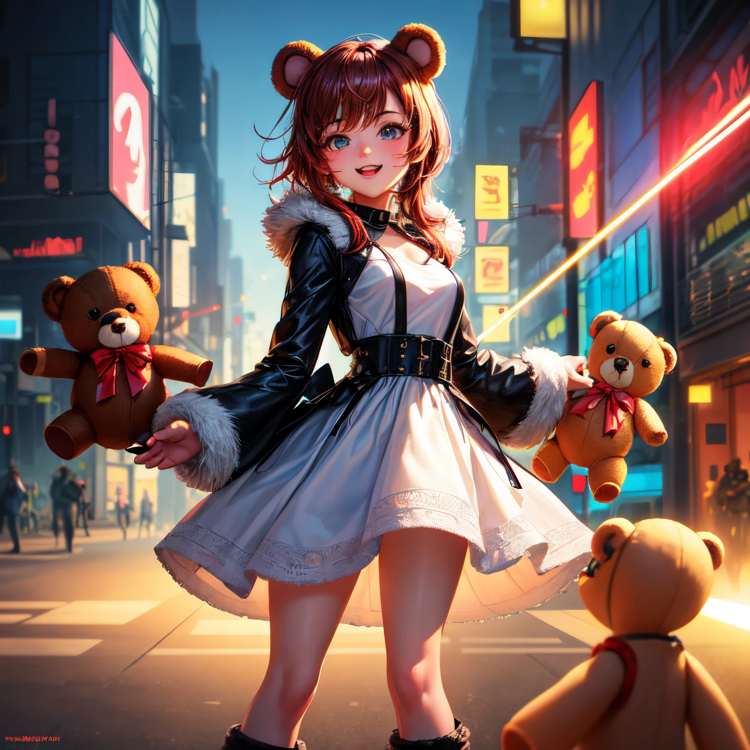 cyber punk style,laser,The city of the future,A group of happy teddy bears,Extremely cute furry artist Teddy Bear baby wearing a dress and having fun,Don't be characterized,Gorgeous dreamy imaginative background,Ultra HD large image,artist style,Rich and professional lighting effects,A group of little teddy bears playing,Perfect facial detail,Don't be characterized