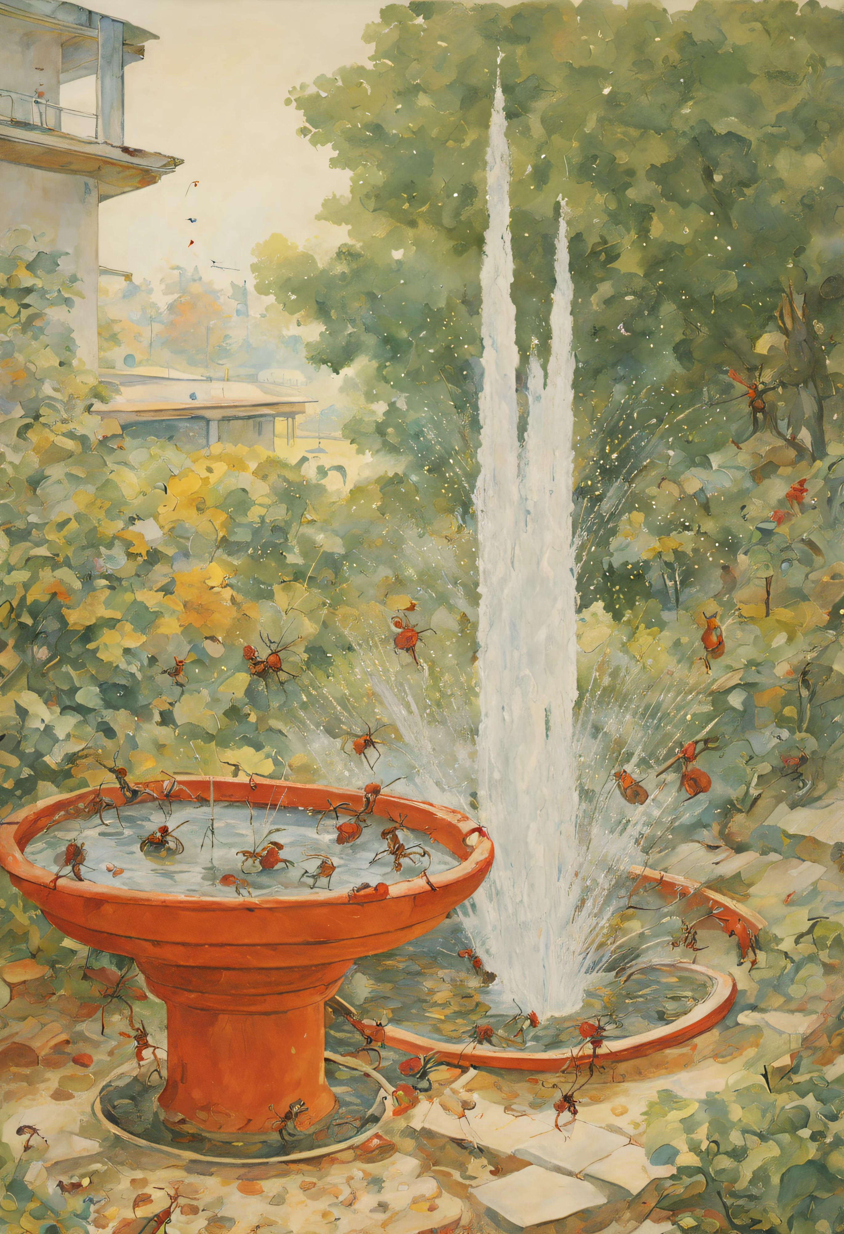 Broken water pipe through ant nest, formed a fountain, erupt upwards, sprinkles of rain, Ants are busy moving, Bauhaus, Carl Larsson, Mannerism, Op art, Ukiyo-e, Dadaism, pre-rephaëlite painting, En plein air
