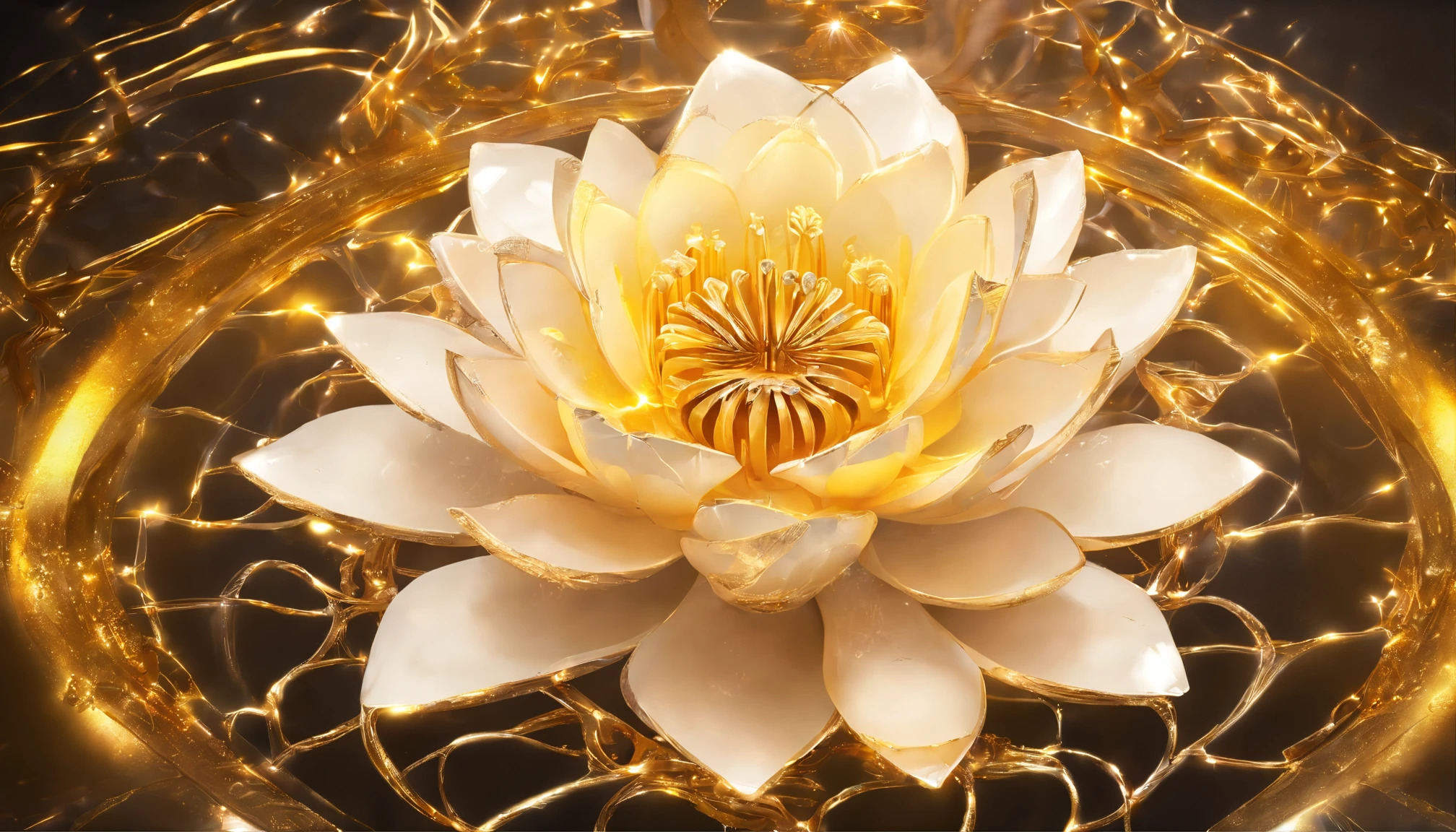 A golden water lily, lotus petals, radiating golden light, Lotus, with lotus flowers, glowing golden aura, a golden halo, soft golden light, glowing delicate flower, lotuses, gold ethereal light, gold flowers, sitting on a lotus flower, gilded lotus princess, Golden glow, Golden light, golden background with flowers, (extremely detailed CG unity 16k wallpaper:1.1), (Denoising strength: 1.45), (tmasterpiece:1.37), ray tracing, god rays, UHD, award winning