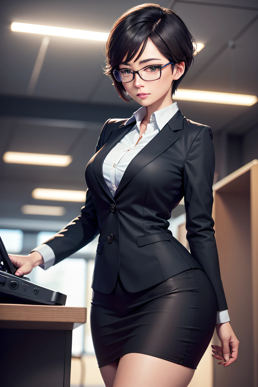 wide shot, (best quality,4k,8k,highres,masterpiece:1.2),ultra-detailed:1.2,(realistic,photorealistic,photo-realistic:1.37),office environment,short bob, round glasses, beautiful detailed eyes,beautiful detailed lips,professional attire,offices lady clothes(show bra), thighhigh, confident expression,modern office space,cityscape background,neon lights,glowing computer screens,natural daylight,stylish interior design,stylish furniture,high ceiling,spacious layout,organized desks,tidy paperwork,meticulous attention to detail,elegant office decorations,glass windows,reflective surfaces,sharp focus,clean lines,sophisticated color palette,subtle shadows,sunlight streaming through windows