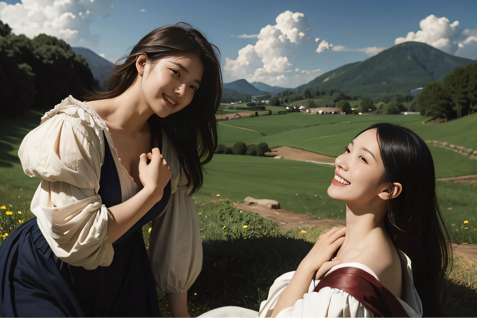 Poussin-style landscape,A smile,,Sweet and seductive appearance.、Caravaggio's paintings、Chiaroscuro of Caravaggio、Hair disheveled in the wind,Two women frolicking,Cute smile, Expression of ecstasy