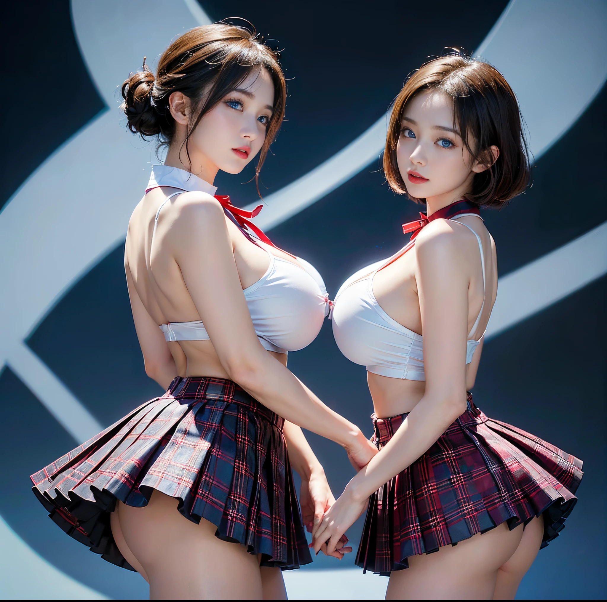 top-quality, 8K picture quality, masterpiece, Professional lighting without shadows, Two Women, (with perfect body、Colossal breasts with tension:1.2), Bright whitening skin, (Bright and beautiful blue eyes with plump red tear bags reflect a lot of light.:1.2)、 A deep red ribbon tie is wrapped around the collar.、 they are wearing white tight blouses。, (No skin is exposed on the upper body), Super short mini pleated tartan check skirt, (their skirts are incredibly short:1.3), (Proudly showing off her big breasts from the front:1.3), (Another girl on the other side shows off her big butt exposed from behind:1.2),