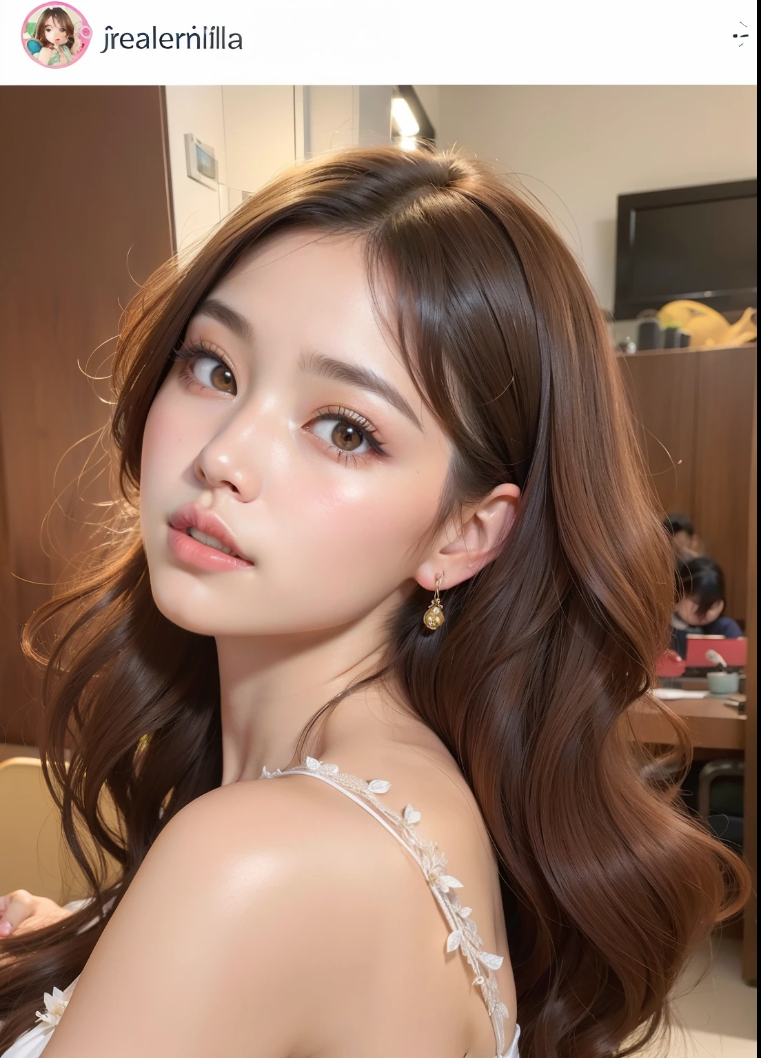 Un primer plano de una mujer con cabello largo y un vestido, flequillo de cortina, maquillaje popular de Corea del Sur, Lalisa Manobal, maquillaje coreano popular, Song Hye - Kyo, Flequillo de cortina separada del centro, Belleza asombrosa, Cindy Avelino, cabello fino y brillante, Hermosa joven coreana, Julia Sarda, resplandeciente, Hermosa mujer surcoreana