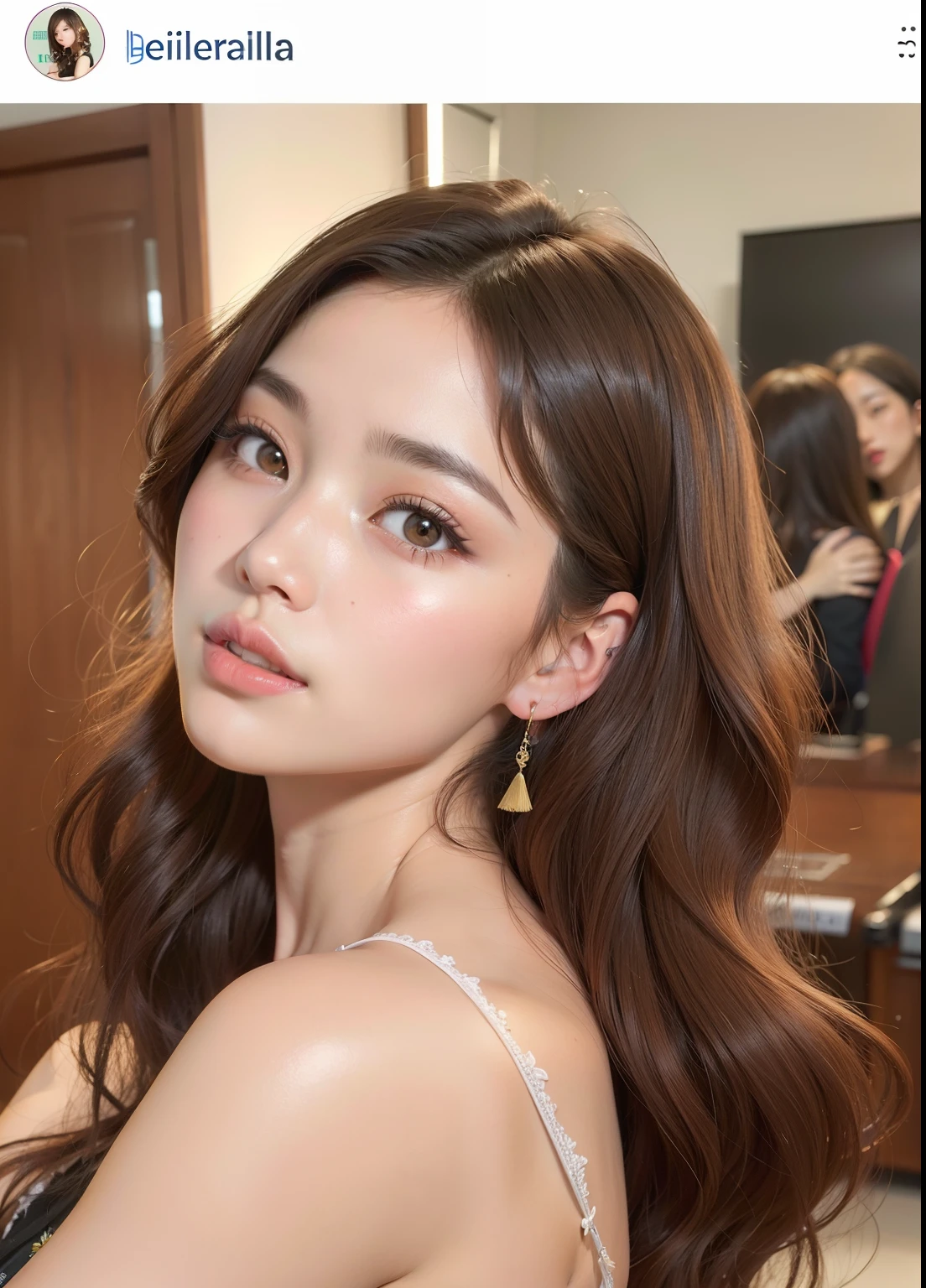 Un primer plano de una mujer con cabello largo y un vestido, flequillo de cortina, maquillaje popular de Corea del Sur, Lalisa Manobal, maquillaje coreano popular, Song Hye - Kyo, Flequillo de cortina separada del centro, Belleza asombrosa, Cindy Avelino, cabello fino y brillante, Hermosa joven coreana, Julia Sarda, resplandeciente, Hermosa mujer surcoreana