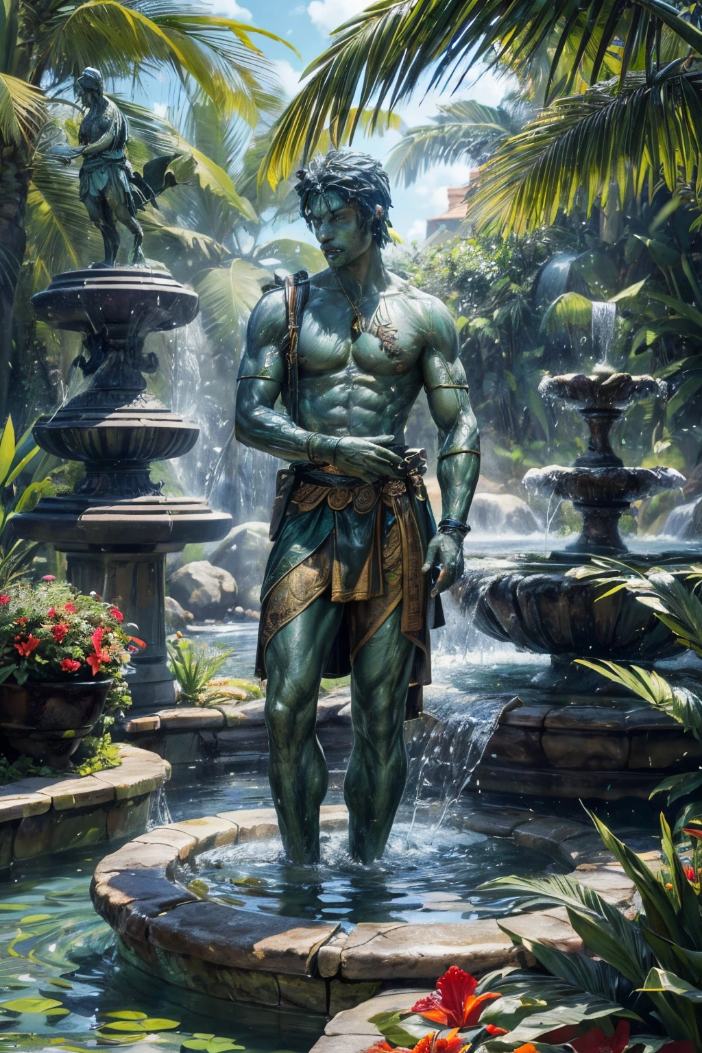 (Best quality at best,4K,tmasterpiece:1.2),tropical garden,There is a fountain,Ancient Roman soldier bronze sculpture,The statue stands majestically, A stream of water spurted from his hand, Surrounded by vibrant gardens, Featuring exotic flowers and plants such as hibiscus and bromeliads. The garden should have a bold and eye-catching appearance, Have large, colorful leaves. The placement of plants should give people a sense of grandeur, Water features and sculptures add drama.