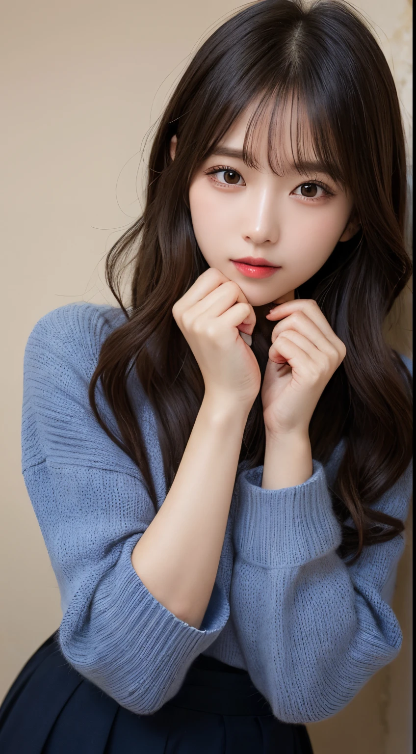 masutepiece, Best Quality, Illustration, Ultra-detailed, finely detail, hight resolution, 8K Wallpaper, Perfect dynamic composition, Beautiful detailed eyes, Oversized knitted sweater(navy)And long skirts,Medium Hair,Small breasts natural color lip, Bold sexy poses、20 years girl、Cute、Sexy shot looking at camera,Close-up of your face,KPOP Idol Face