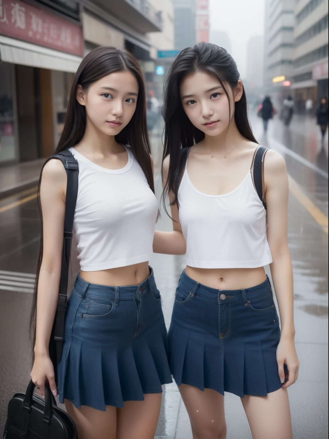 Top Quality, Masterpiece, Hi-Res, 2 Girls, Ponytail, Show Forehead, Swimsuit, 14~16 years old, Beautiful Face, Smile, upon_body, Tyndall Effect, Photorealistic, Park, Two-tone Lighting, (High Definition Skin: 1.2), 8K UHD, DSLR, Soft Lighting, High Quality, Volumetric Lighting, Candid, Photography, High Resolution, 4k, 8k, bokeh,