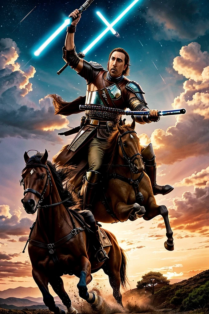 masterpiece, highest quality, nicholas cage riding a horse into battle, wielding a lightsaber, wearing samurai armor, fantasy, castle, sunset, beautiful sky, beautiful landscape