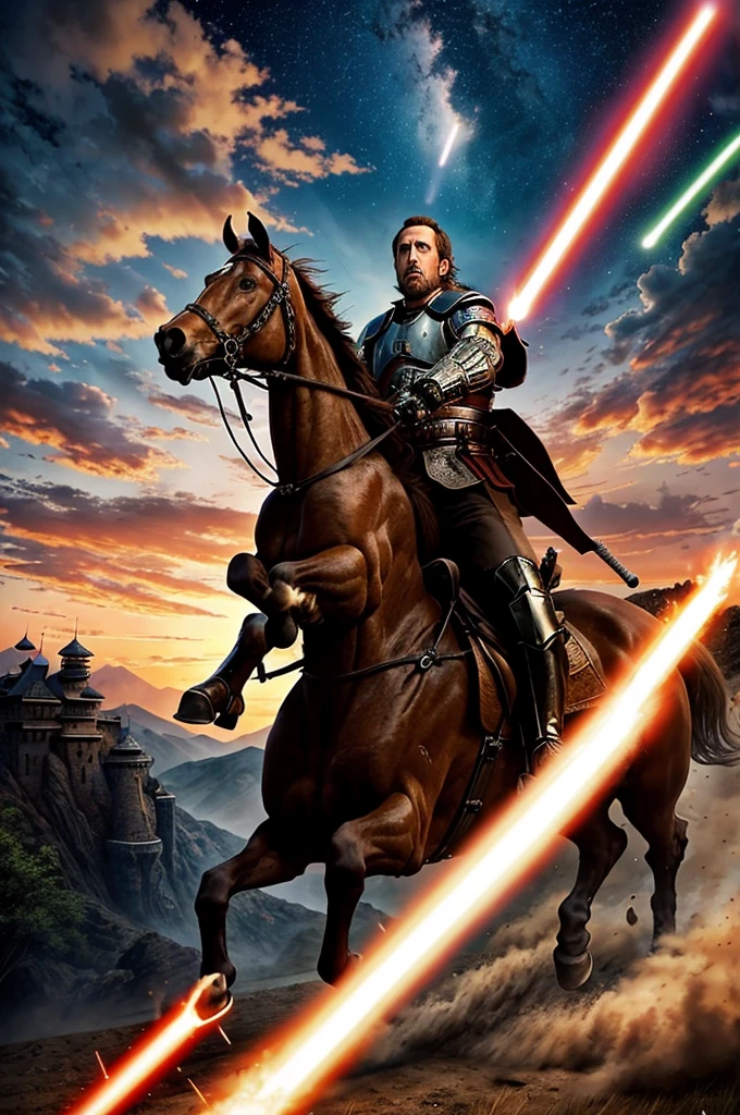 masterpiece, highest quality, nicholas cage riding a horse into battle, wielding a lightsaber, wearing samurai armor, fantasy, castle, sunset, beautiful sky, beautiful landscape