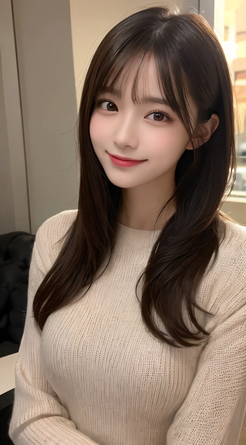 masutepiece, Best Quality, Illustration, Ultra-detailed, finely detail, hight resolution, 8K Wallpaper, Perfect dynamic composition, Beautiful detailed eyes, black long sleeve knit dress,Straight hair,Small breasts natural color lip, Randomly sexy poses,Smile,Home、20 years girl、Cute、Sexy shot looking at camera,Perfect and beautiful face