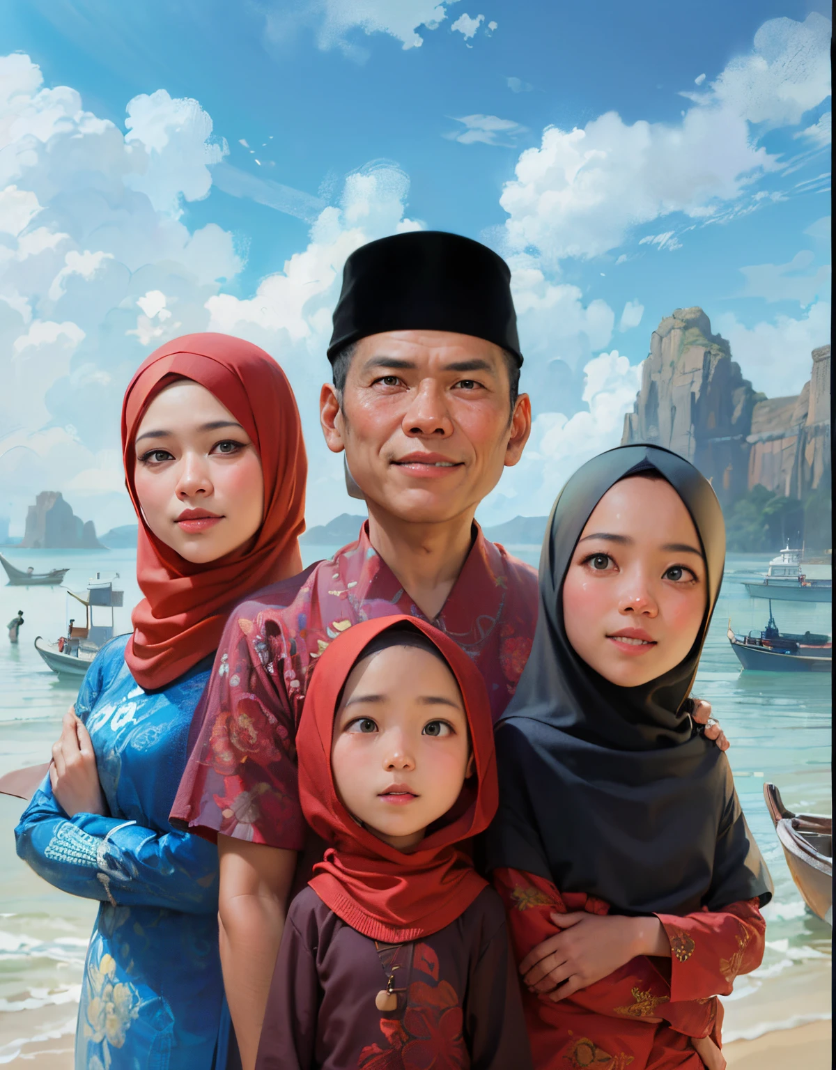 painting of a family of three standing on a beach with boats in the background, an indonesian family portrait, Javanese tribe, Everyone smiles, everyone smiles, Wearing clothes and bottoms with Javanese batik motifs, Muslim family, father wears a skullcap on his head, and women wear hijab, everyone smiles, happy family, full protrait, family portrait, potrait, realism artstyle, everyone smiles, traditional portrait, portrait picture, realistic portrait photo, 1 / 4 portrait, digital panting, protrait, detailed portrait, cartoon digital painting