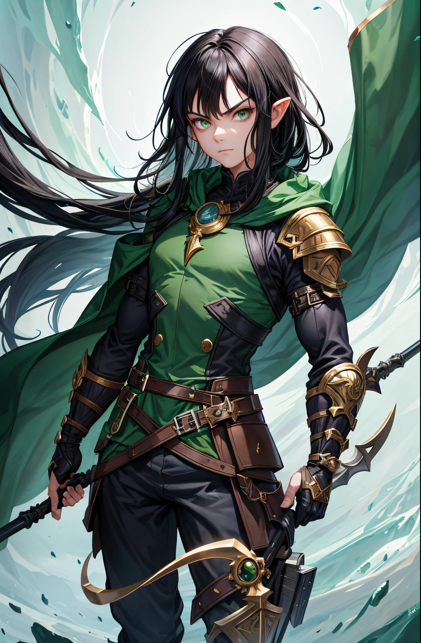 Black hair, green eyes, dnd halfling, serious facial expression, rogue, light armor, full body portrait, wearing monocle, holding polearm, flat chest, defined muscle, short, concept art