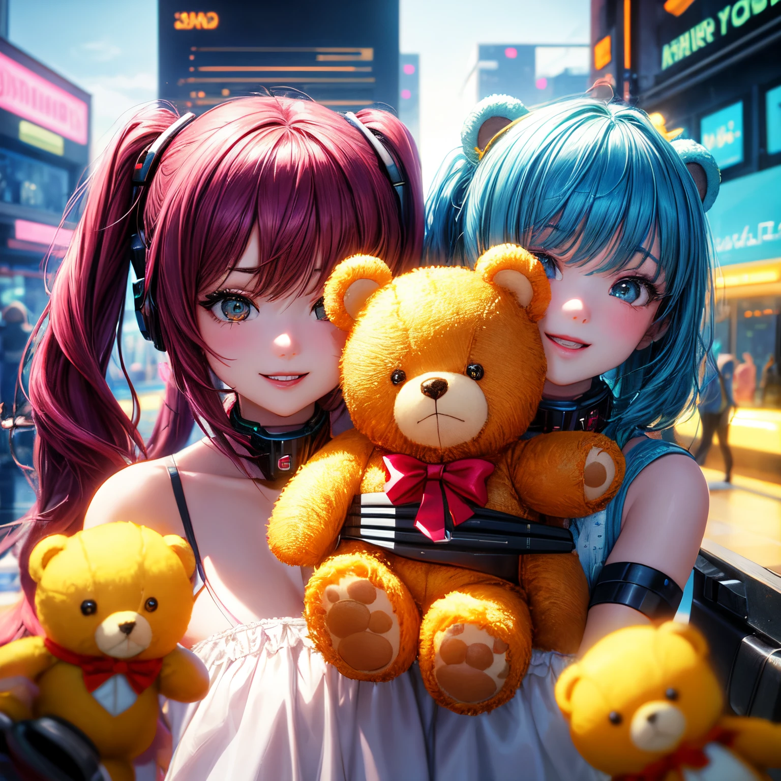 cyber punk style,laser,The city of the future,A group of happy teddy bears,Extremely cute furry artist Teddy Bear baby wearing a dress and having fun,Don't be characterized,Gorgeous dreamy imaginative background,Ultra HD large image,artist style,Rich and professional lighting effects,A group of little teddy bears playing,Perfect facial detail,Don't be characterized