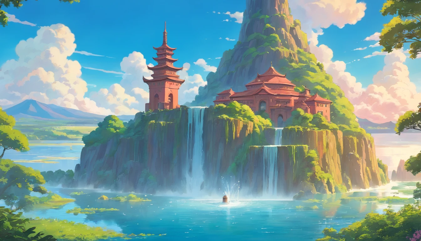 (masterpiece, best quality), a massive water fountain in the middle of a volcanic lake, fantastic architcture, epic, legendary, sky, clouds