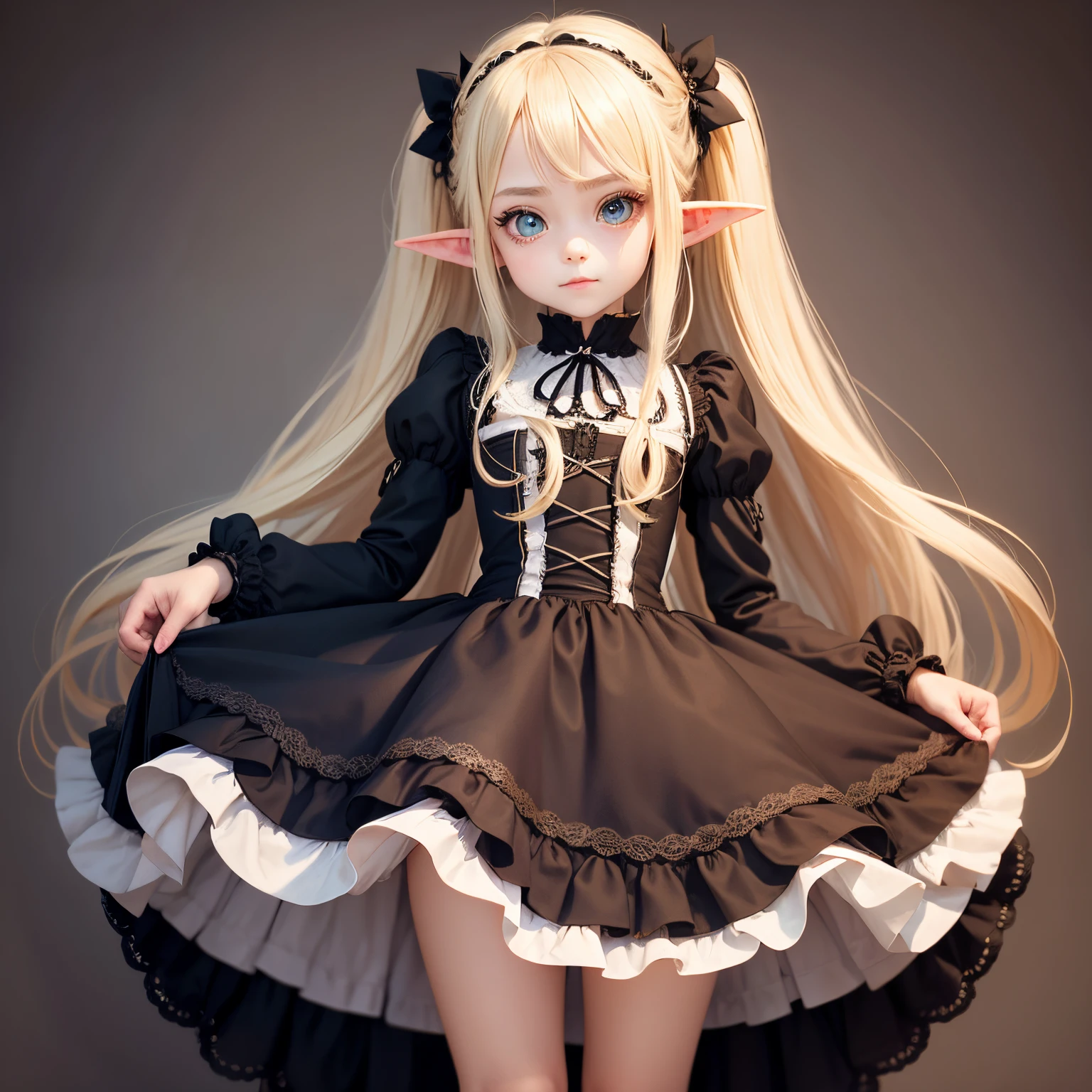 Solo full body front portrait Idade8old and small breasted lolita kawaii girl A slight smil big eye pointed elf ears long blonde hair 100centimeter short stature Gothic Lolita Clothing