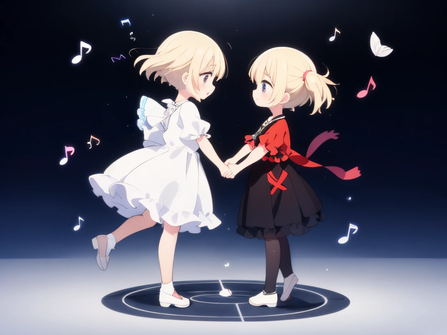 Best Quality, ultra-detailliert, musical notes dance in the sky, 2 children, Gamine2In person, platinum-blonde-hair, Floating hair,
A is standing on the note in the center。。, arcane, holography, from the front side, floating, prisma
